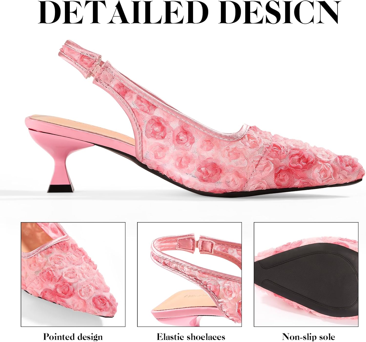 Detalle de Elegant Lace Kitten Heels for Women – Slingback Pointed Toe Floral Mesh Dress Shoes