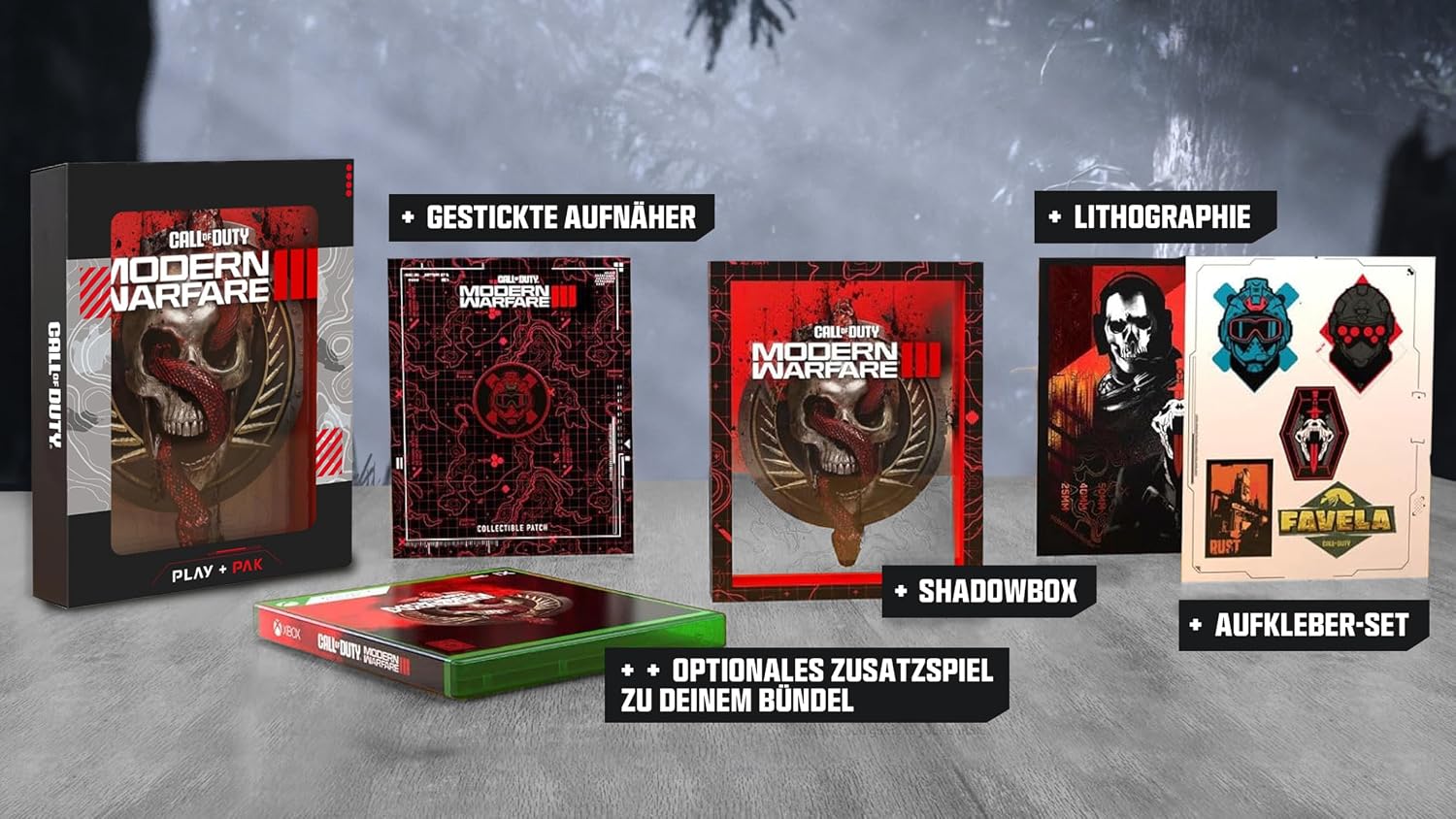 Detalle de Xbox Call of Duty: Modern Warfare III Pak met shadowbox, kunstdruk en patch