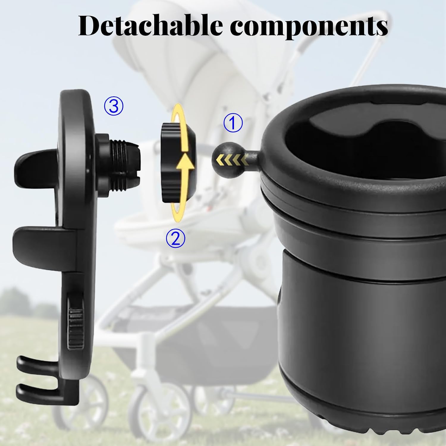 Detalle 2 de Universal Stroller Cup Holder Attachment with Phone Holder (3 in 1) for Prams, Pushchairs, Bikes, Wheelchairs, Walkers & Scooters