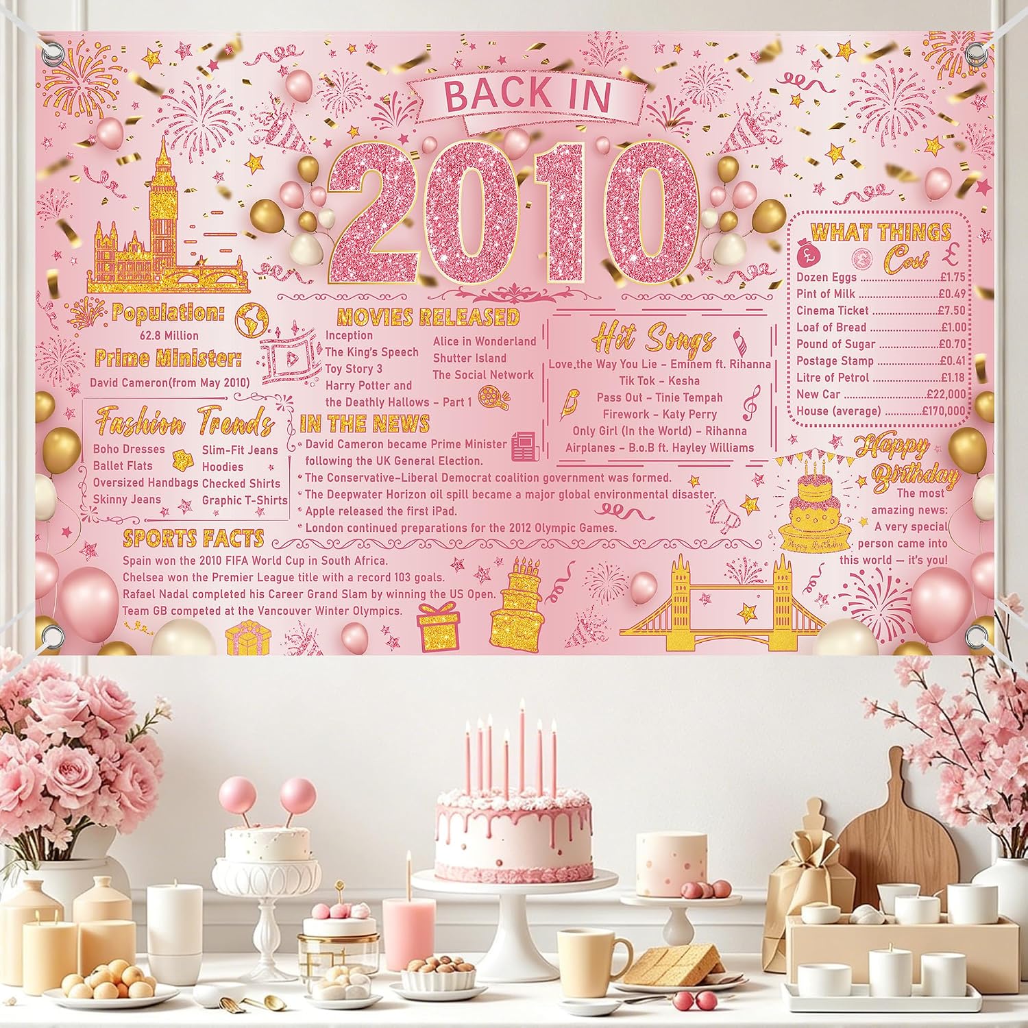 Detalle 2 de Sweet 16 Birthday Decorations for Girls: Pink Gold 2010 Backdrop Banner (110 x 180 cm)