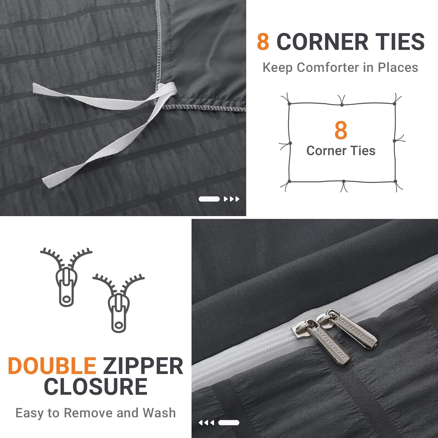 Thumbnail 4 de HYMOKEGE Dark Grey Queen Duvet Cover Set (3-Piece) — Brushed Microfiber Seersucker with Zipper Closure