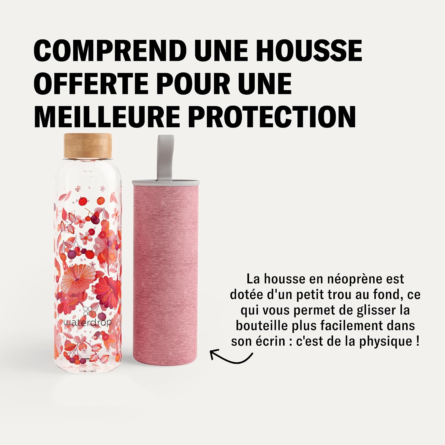 Detalle de waterdrop® Bouteille en Verre 600ml — Gourde Borosilicate avec Bouchon Bambou et Housse Néoprène