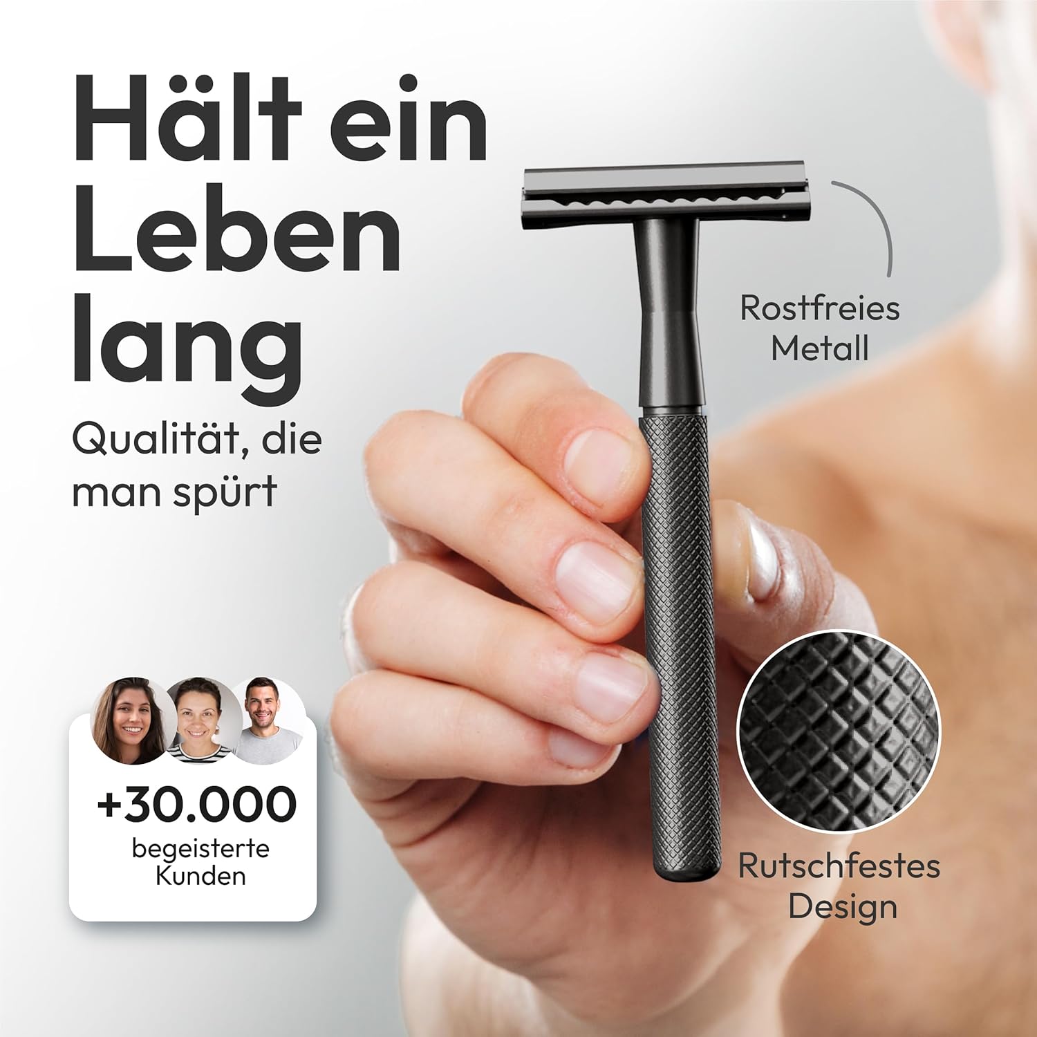 Detalle de ANYMALE Rasierhobel Herren (Black Edition) inkl. 5 Klingen, Ständer & Zero Waste - Nassrasur aus Metall