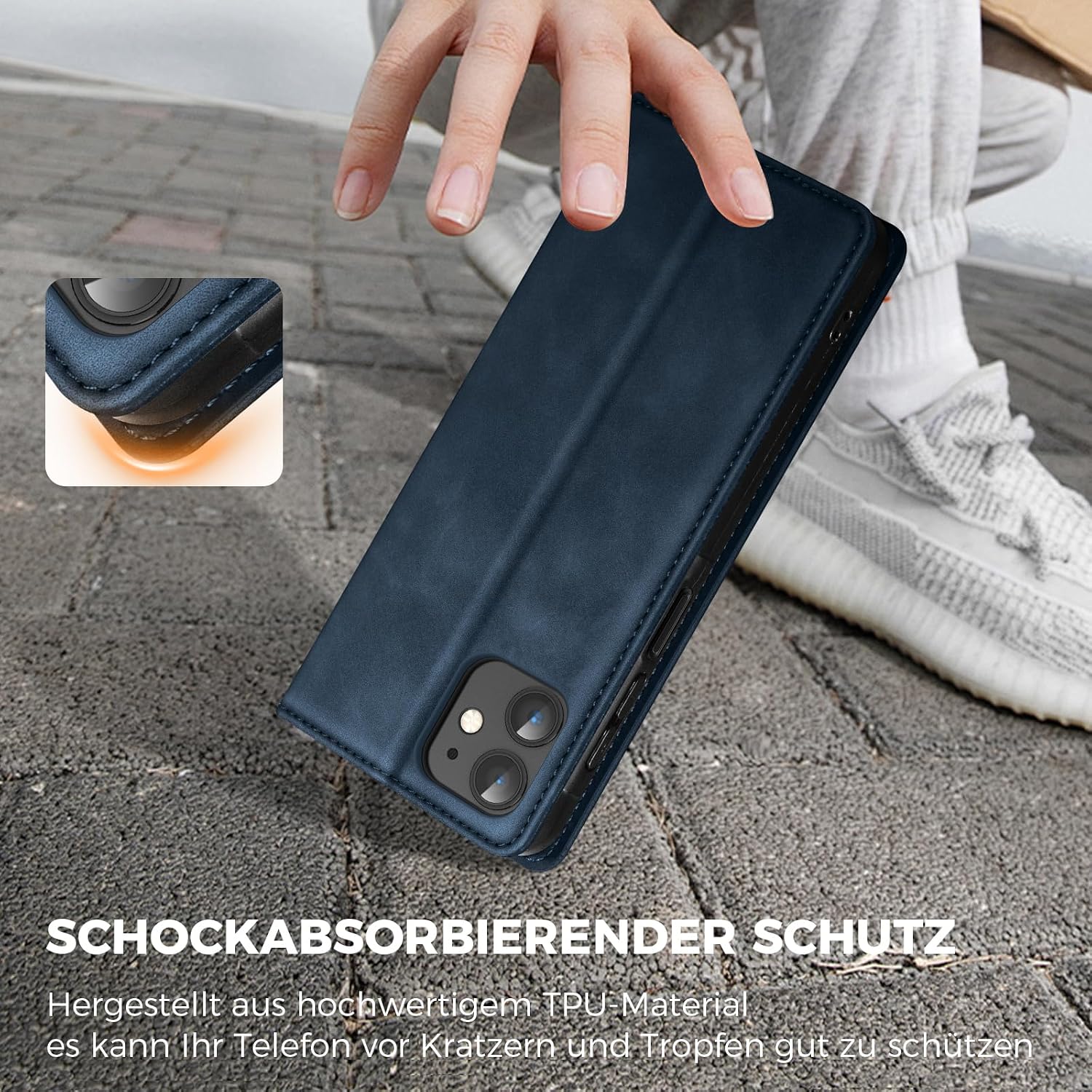 Detalle 2 de AIMOYU Flip Case für iPhone 12/12 Pro – Blau, Premium PU-Leder, Kartenfach, Standfunktion