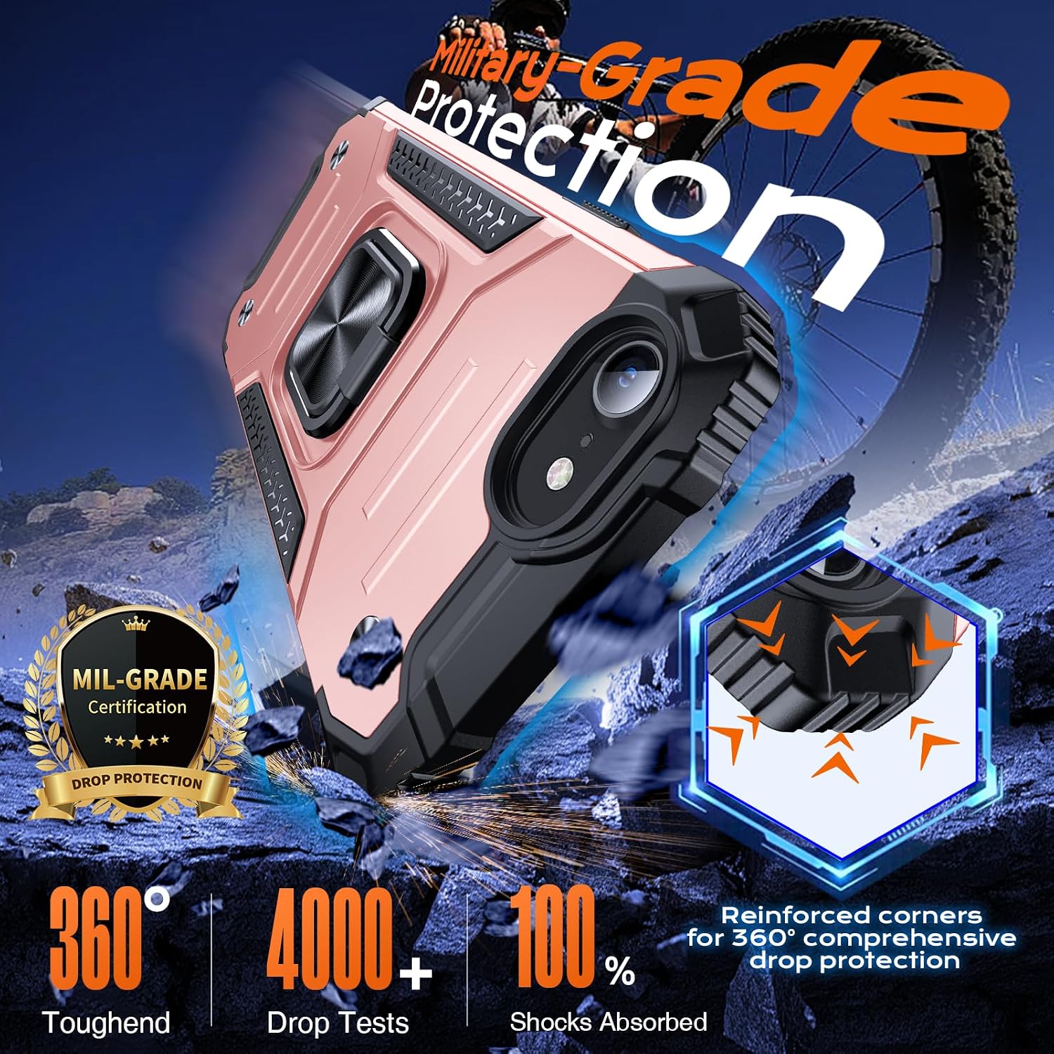 Thumbnail 1 de Anqrp Armor Hülle für iPhone SE (2020/2022) – Militärischer Schutz, Ringhalter & Ständer in Roségold