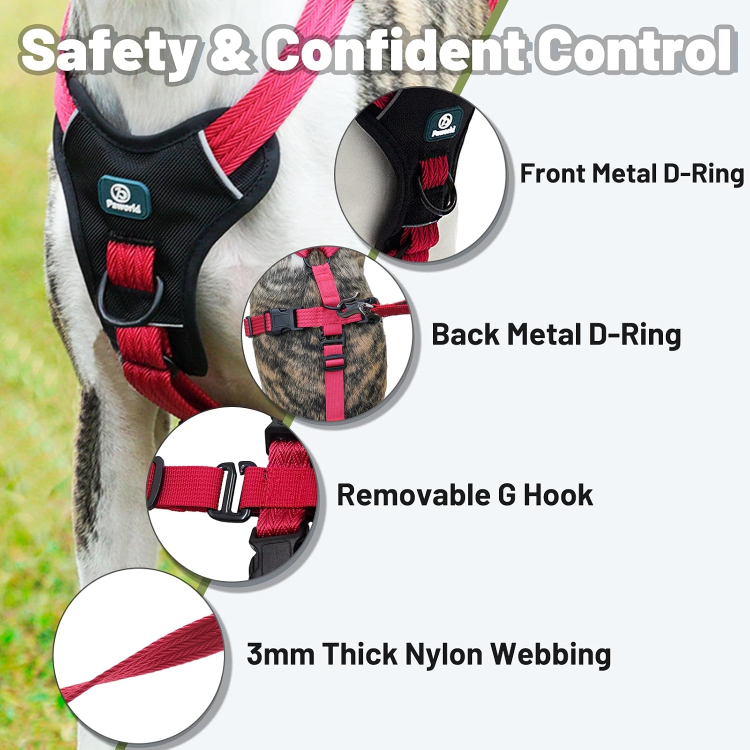 Detalle de Paworld Escape Proof Dog Harness (XL) – 3-Point Greyhound Harness with Front Clip for Whippet and Large Breeds