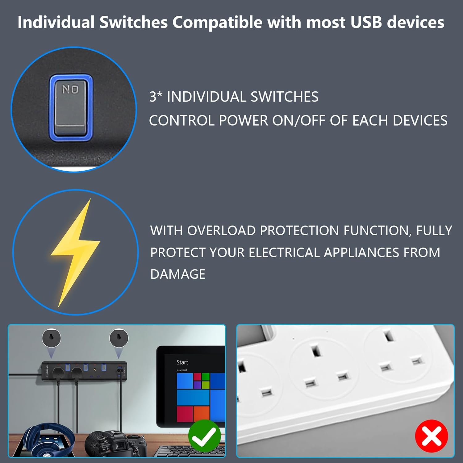 Detalle de Extension Lead with USB Slots(3 USB), 1.8M Extension Cable, 3 Way Plug Extension Socket with Individual Switches, Wall Mount Extension Cord for Home, Office
Extension Lead with USB Slots(3 USB), 1.8M Extensi…