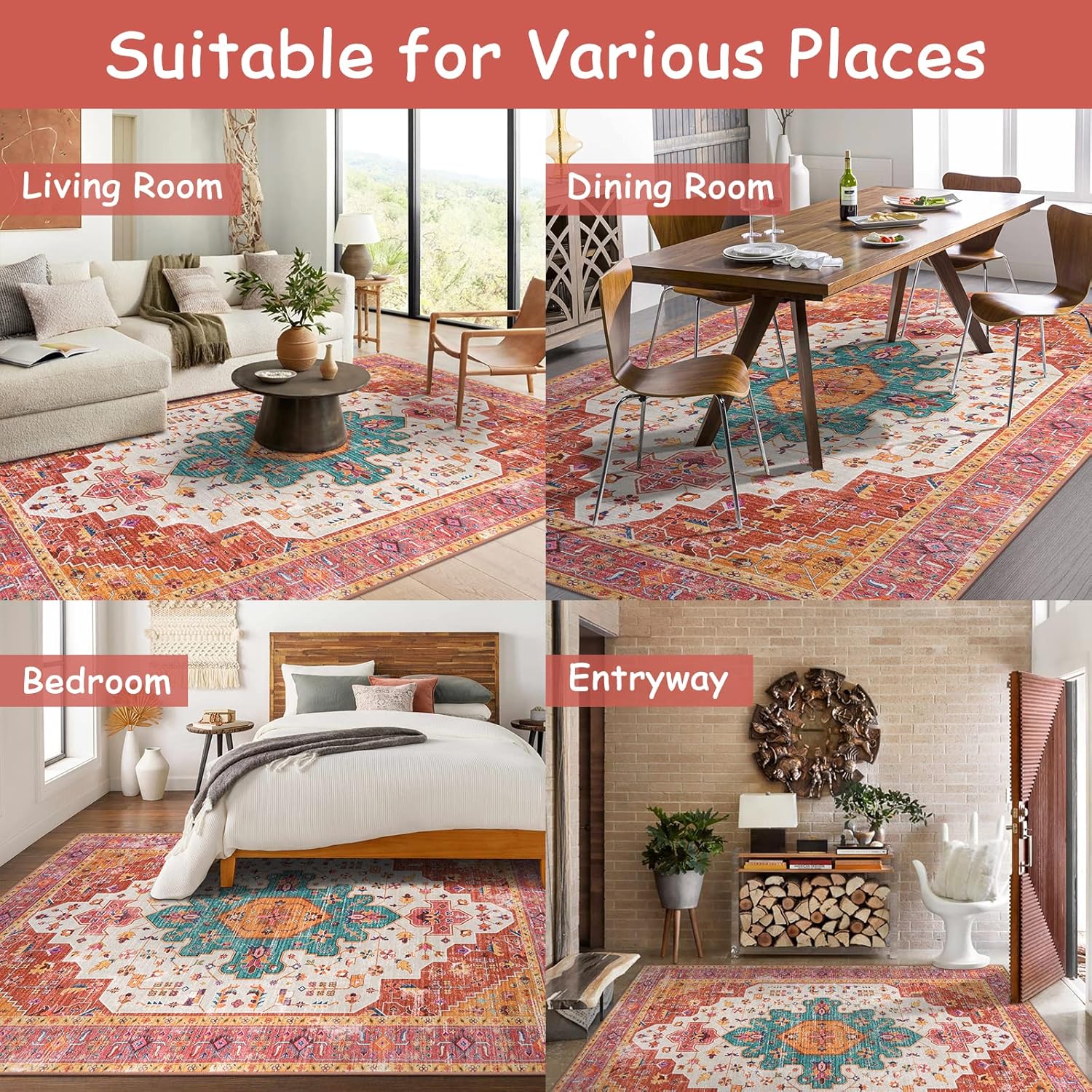 Thumbnail 4 de Moynesa Ultra-Thin Pink 9x12 Area Rug: Non-Slip, Low-Pile Vintage Floral for Busy Spaces