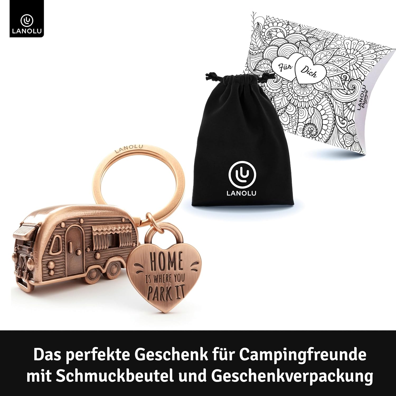 Thumbnail 2 de LANOLU Schlüsselanhänger Wohnwagen – 3D Anhänger aus Metall mit Herz-Anhänger „Home is where you Park it“