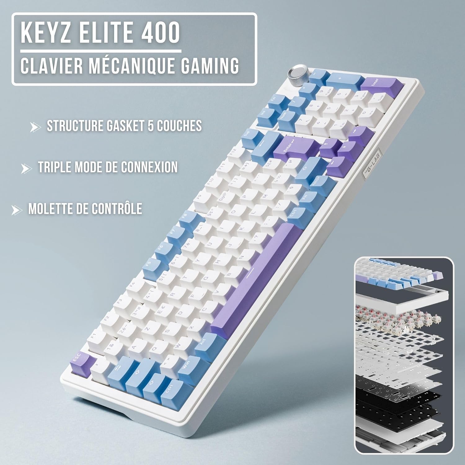 Thumbnail 1 de The G-Lab KEYZ Elite 400 WB — clavier gamer mécanique sans fil tri-mode AZERTY FR (2,4 GHz/Bluetooth/filiaire), hot swap, RGB + macros