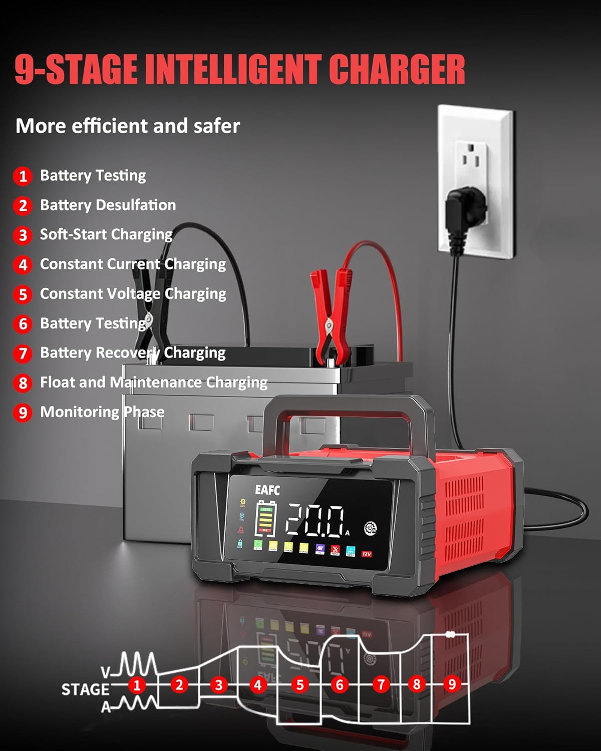 Detalle de EAFC 20Amp 12V/24V Smart Car Battery Charger & Maintainer with LCD Display