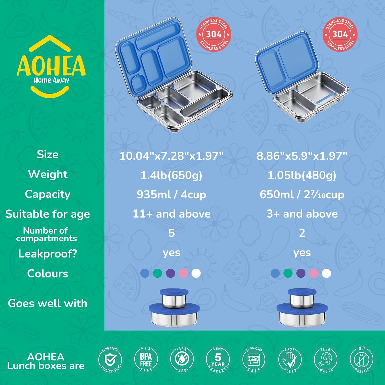 Thumbnail 4 de AOHEA Stainless Steel Kids Bento Box (BPA-Free, 304 Stainless Steel) with 5 Compartments