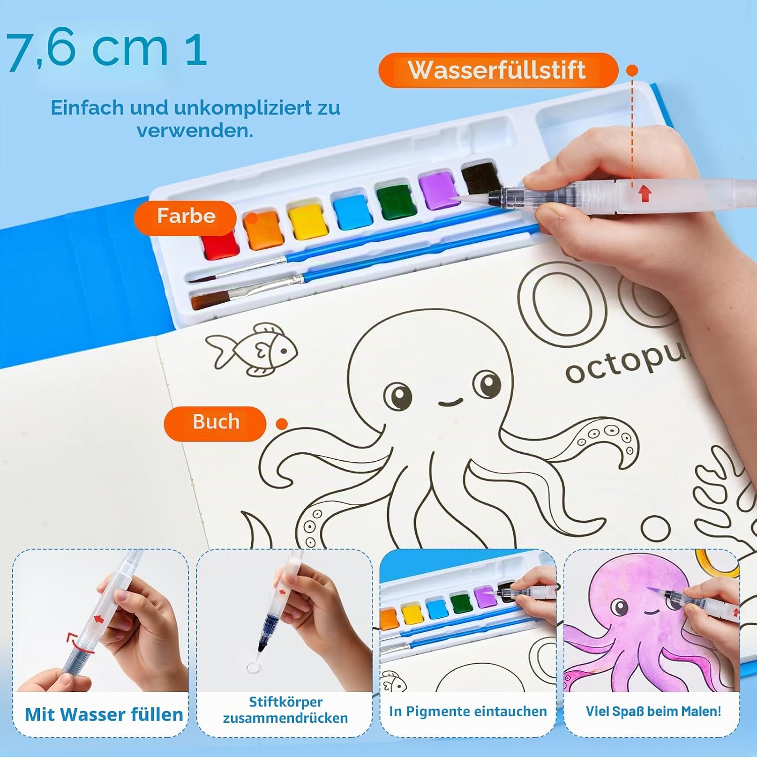 Thumbnail 4 de JoyCat Malbuch mit Wasserfarben – 3-in-1 Malset für Kleinkinder (3–8 Jahre) Blau