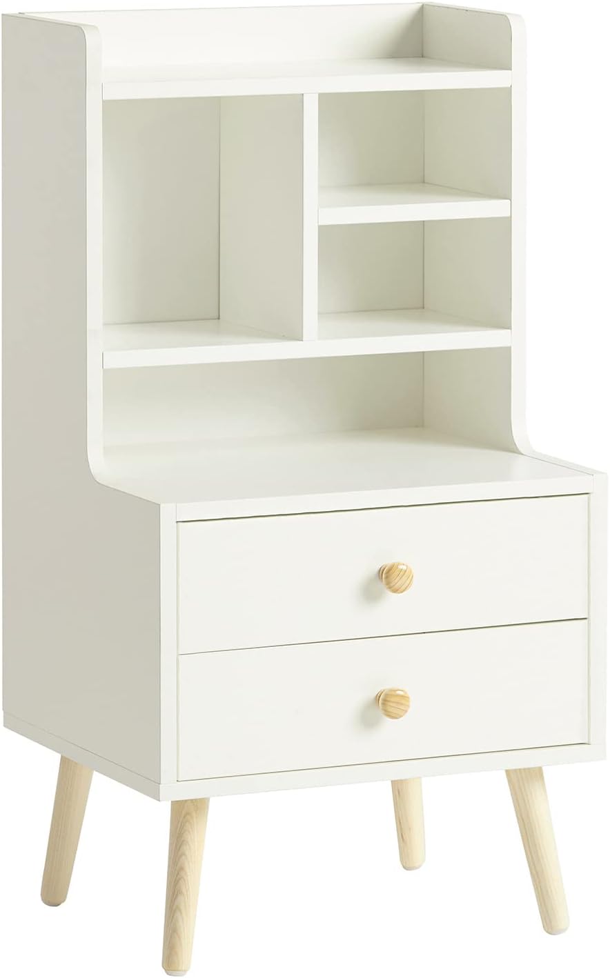Detalle de SoBuy Table de Nuit Moderne FBT100-W avec Tiroirs et Étagères Ouvertes – Chevet en bois de pin blanc