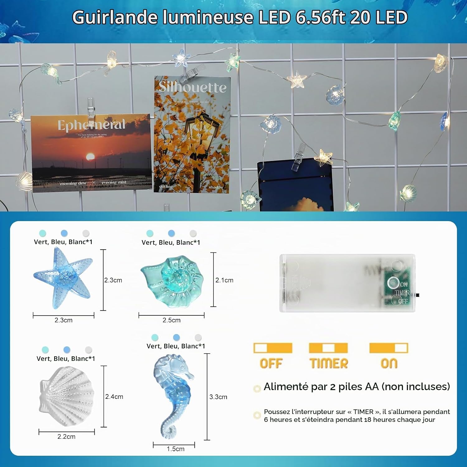 Detalle 2 de A.bigwhale lichtsnoer met schelpenmotief, 2 m, 20 warmwitte leds en timer