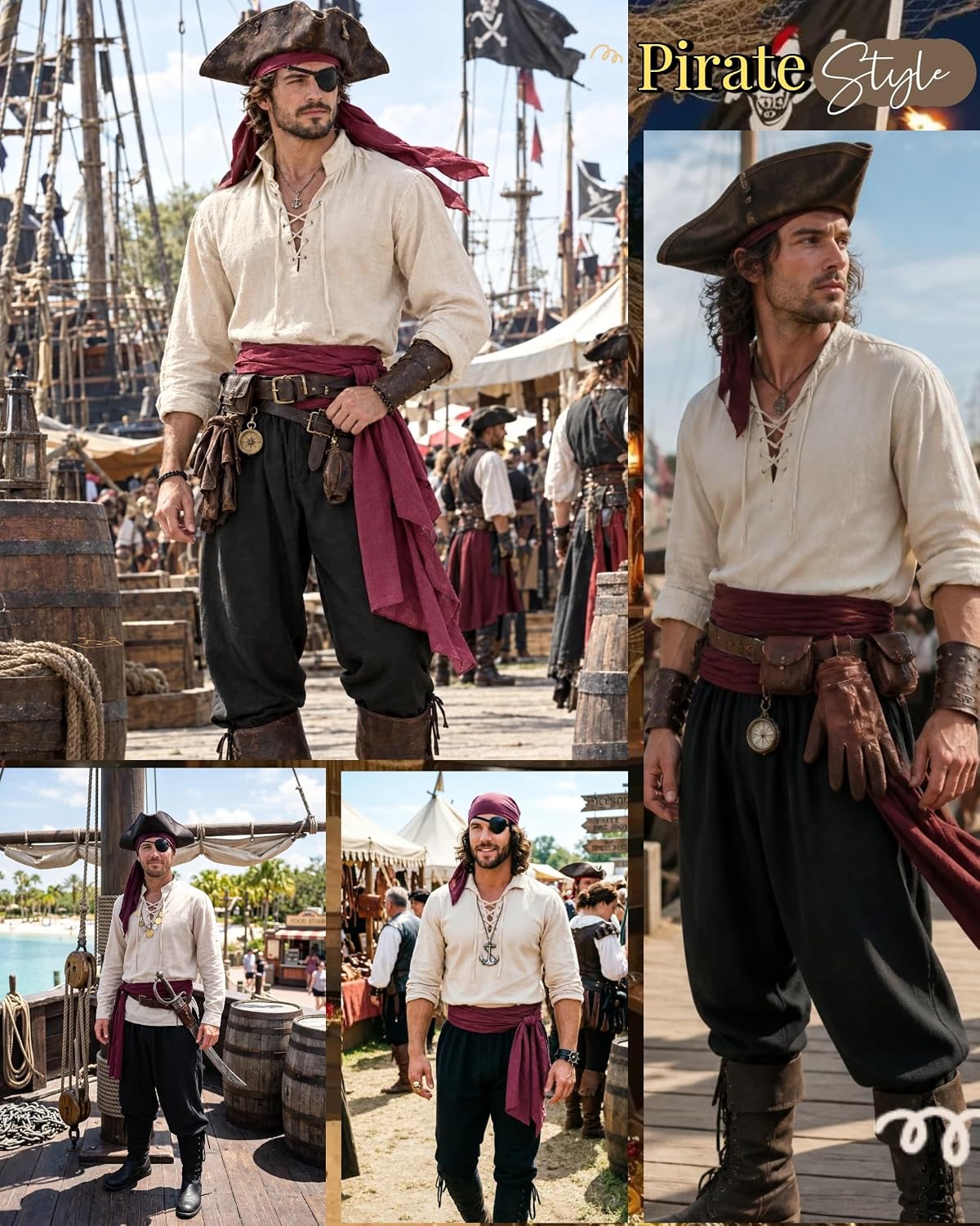 Thumbnail 1 de Men's Pirate Costume with Lace-Up Shirt, Pants, Sash, and 8 Pieces