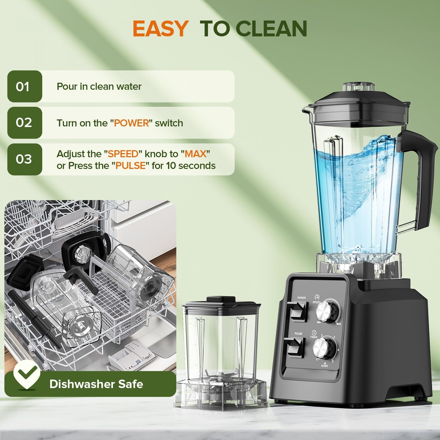 Detalle 2 de 1800W blender with 6-blade ice crushing system, grinder jar, and self-cleaning (68 oz + 20 oz)