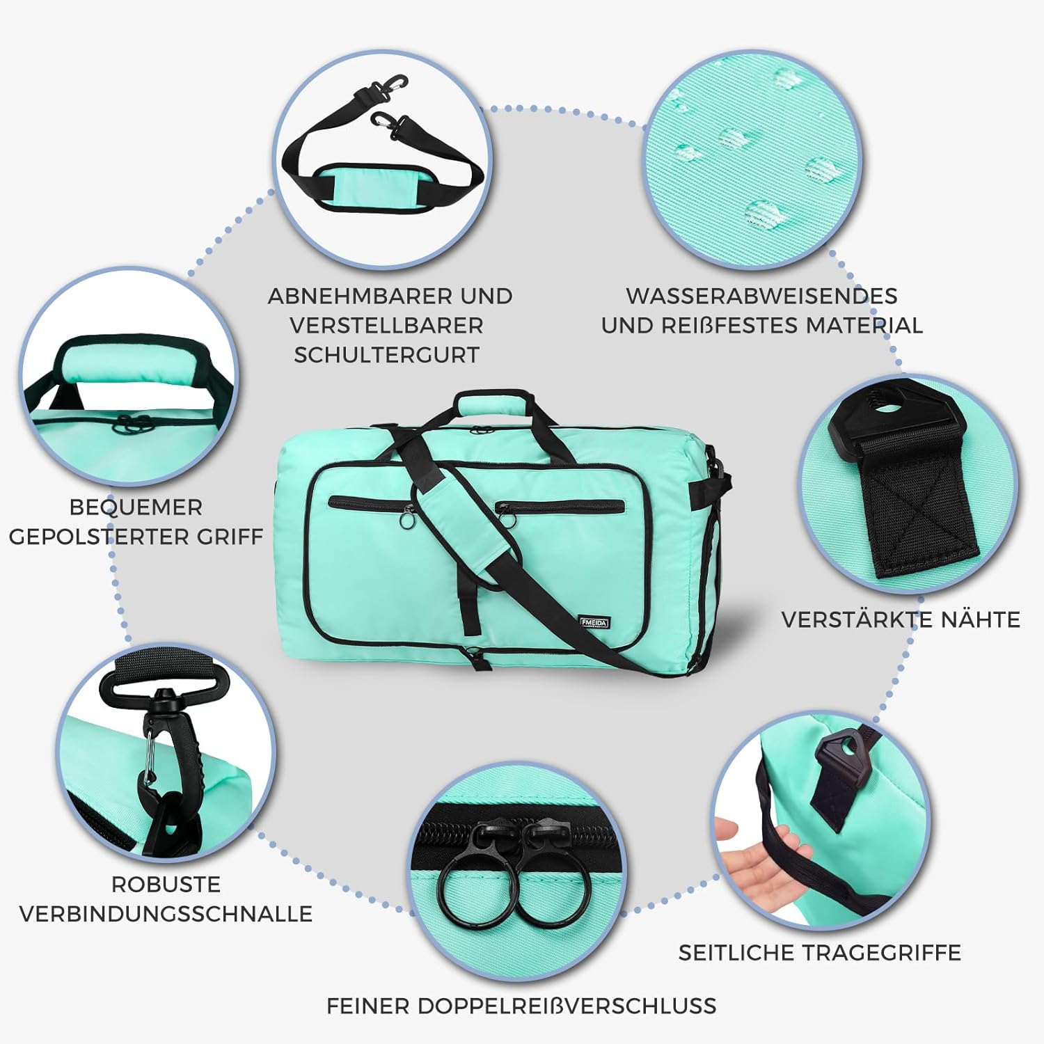 Detalle de Fmeida Reisetasche 65L (faltbar) mit Schuhfach – Duffle Bag & Kliniktasche in Mintgrün