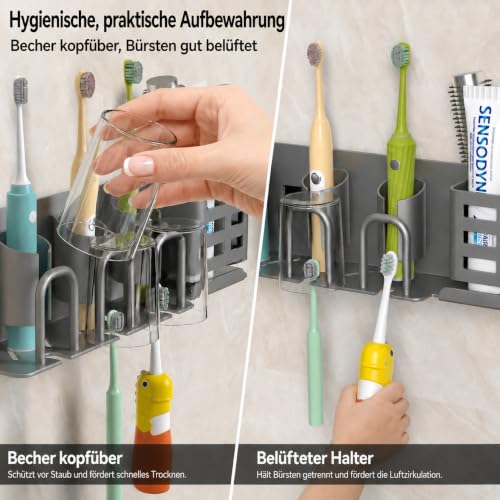 Detalle de KEXIBO Zahnbürstenhalter Wand Ohne Bohren – Aluminium, Klebehalterung für 3 Becher, Bad Organizer Grau