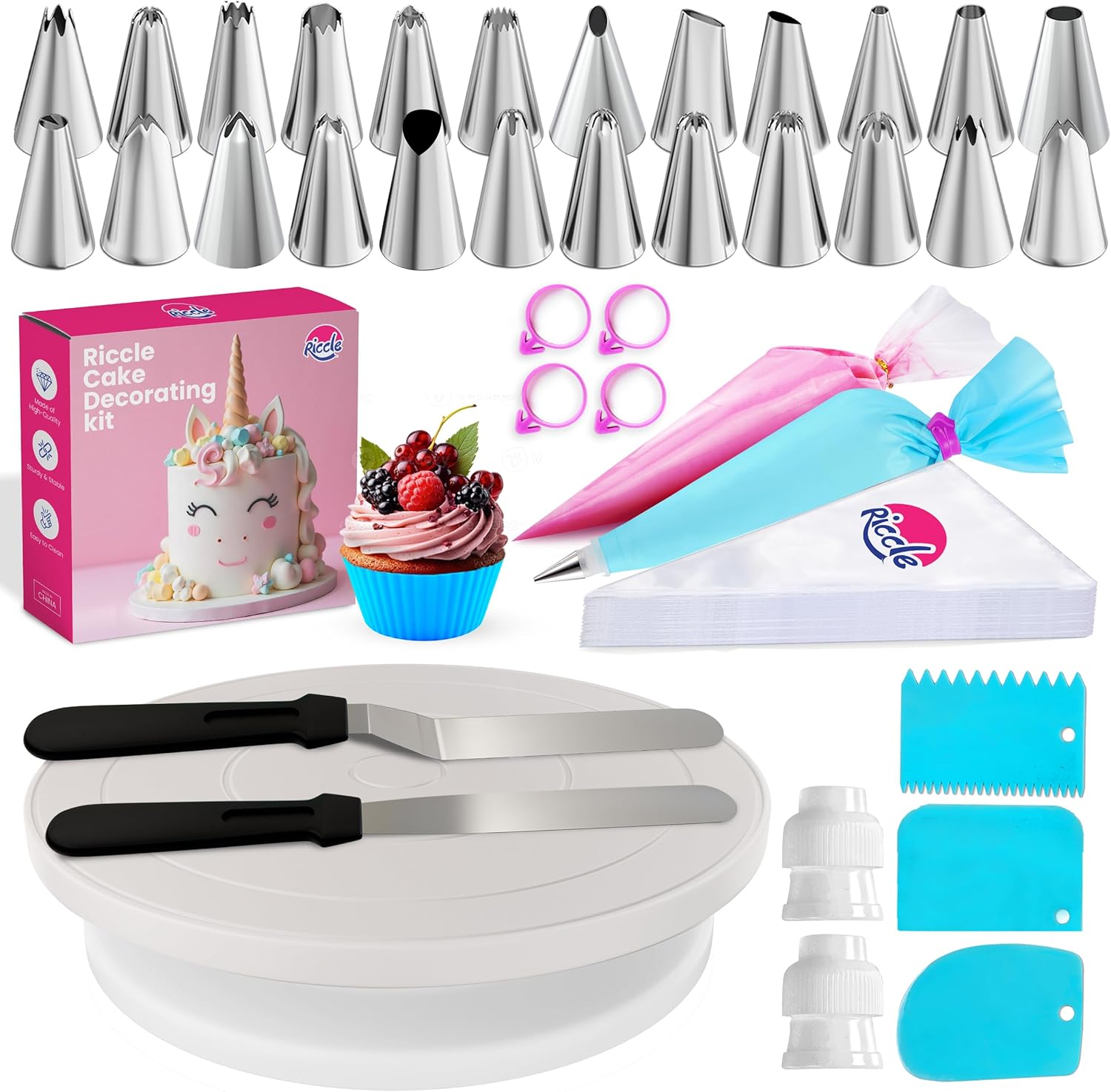 Detalle de Riccle 94-Piece Cake Decorating Kit with Cake Turntable (Piping Tips, Bags, Spatulas & Scrapers)