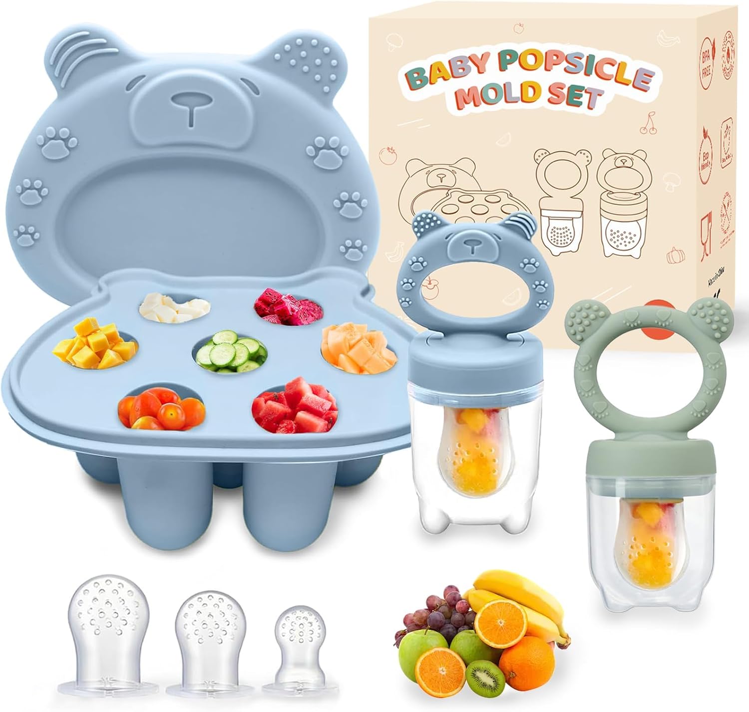 Detalle de Fruit Feeder for Babies (4M+) - Bears Green/Blue-cp 3Pack with Teething Dummy & Freezer Tray