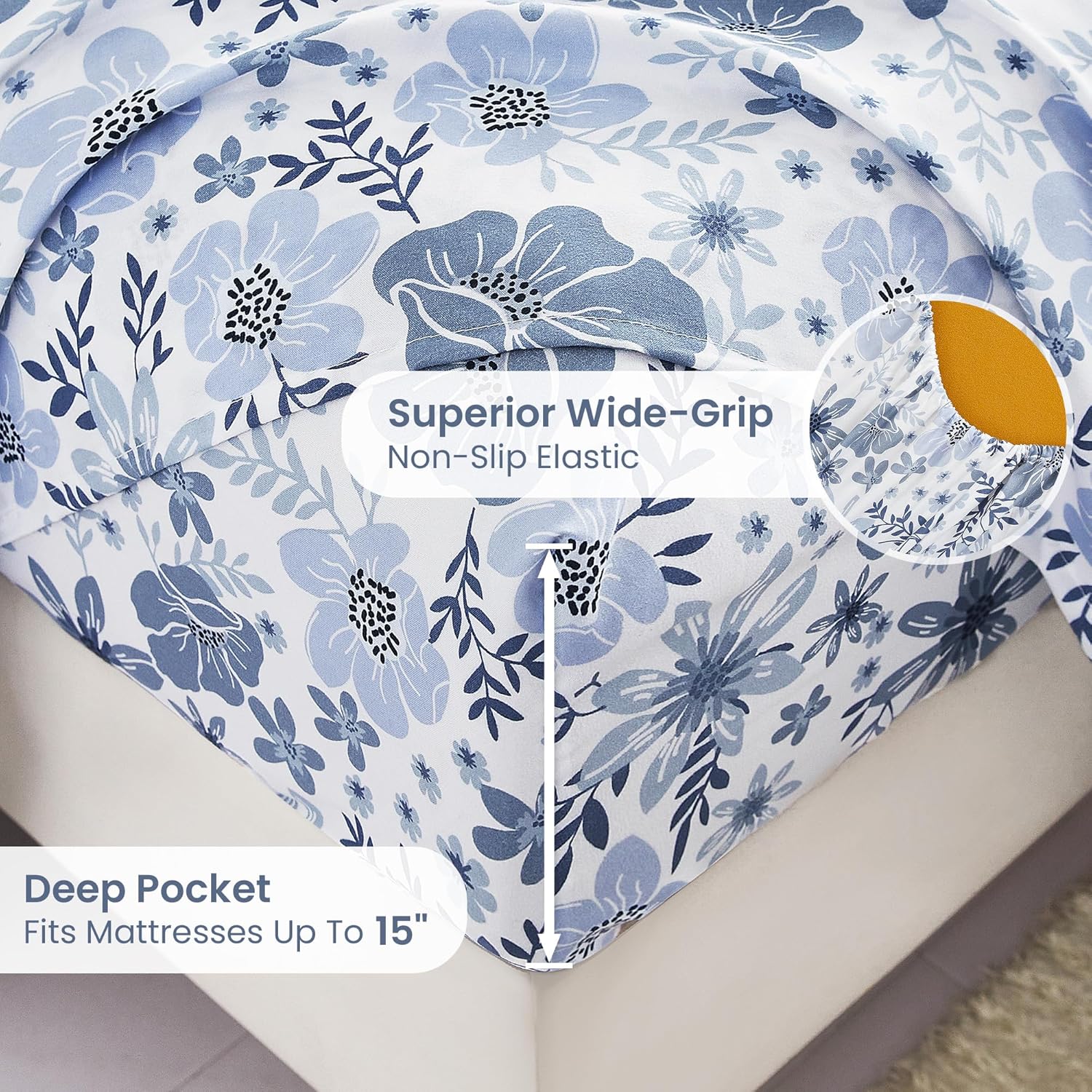 Detalle 2 de Mooreeke Floral Queen Microfibre Sheet Set, Blue Vintage Print, Deep-Pocket Fitted Sheet