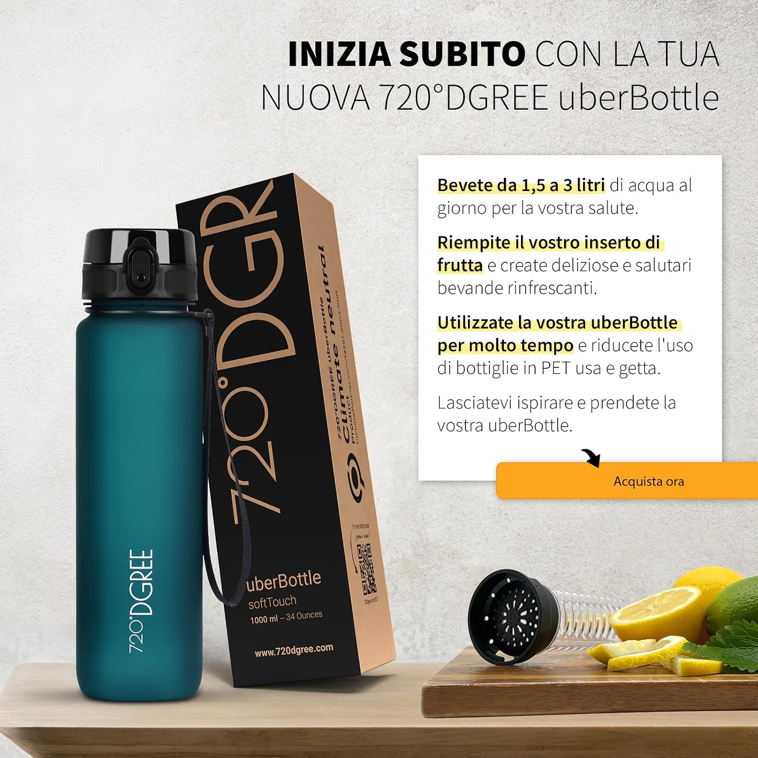 Detalle 2 de 720°DGREE uberBottle da 1 litro con infusore, softTouch (senza BPA) – borraccia sportiva con apertura anti-“gluck”