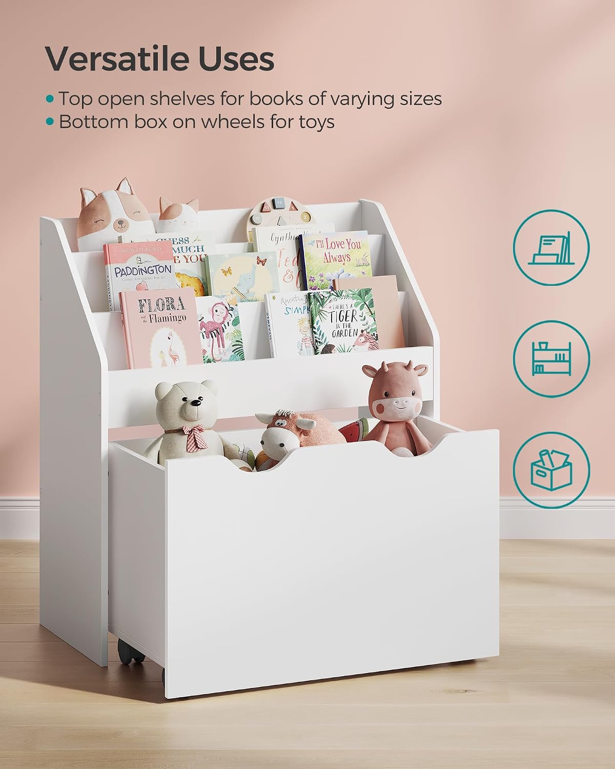 Detalle 1 de SONGMICS UGKR041W10 Kids Bookshelf and Toy Organizer, 3 Shelves, Wheeled Toy Box