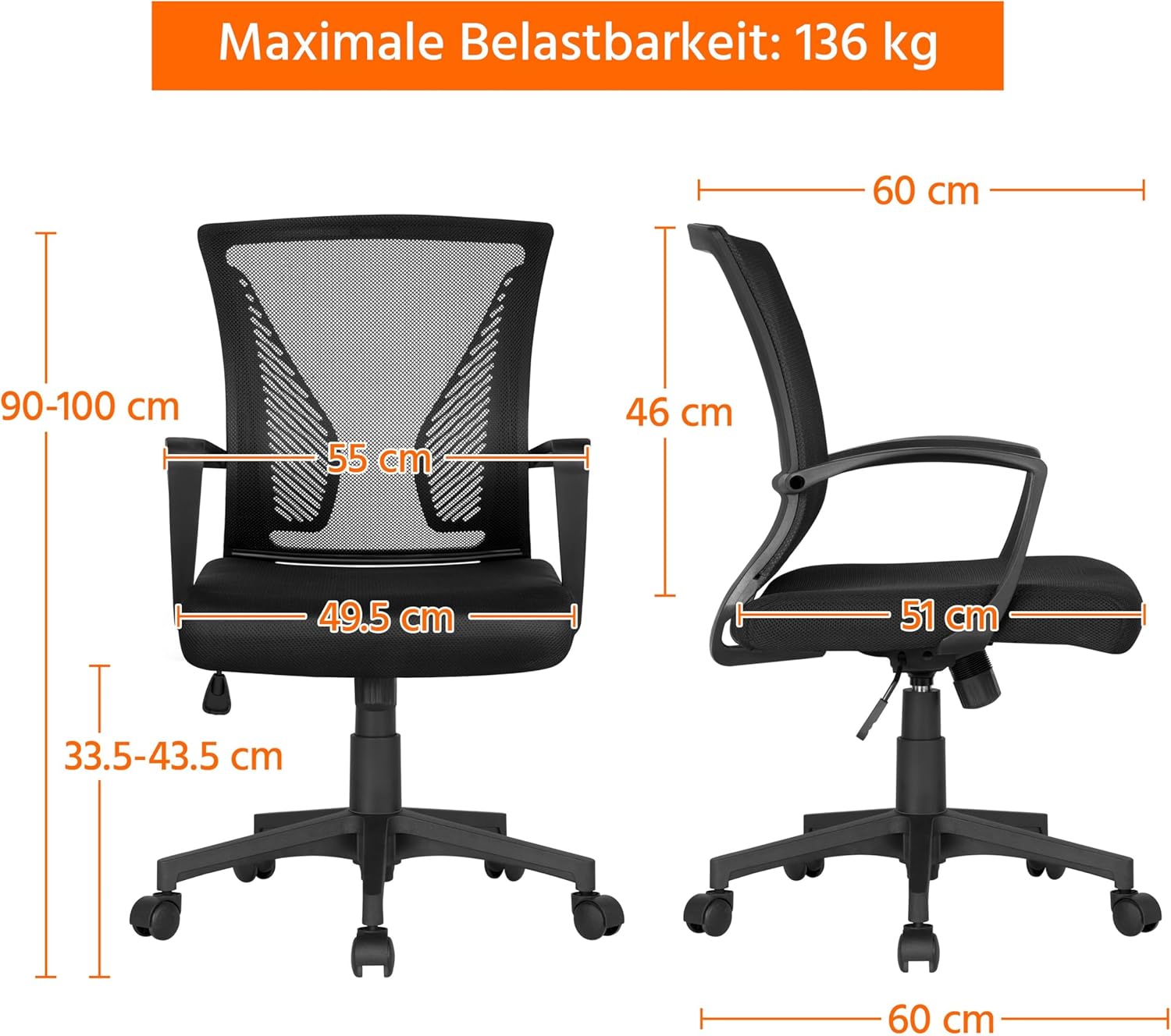 Detalle de Yaheetech: 2 Sedie da Scrivania Ergonomiche con Rete, Ruote e Braccioli – altezza regolabile