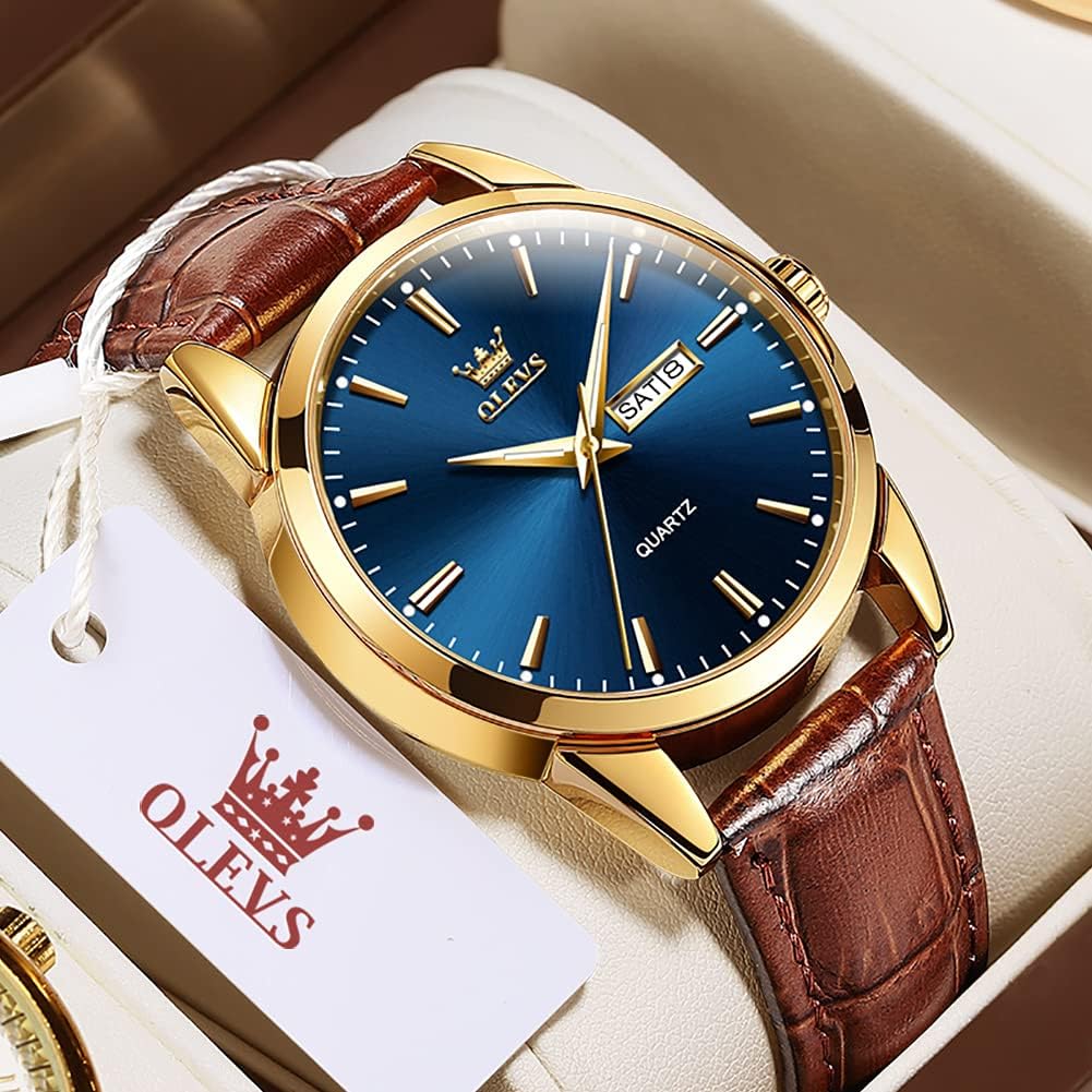 Detalle 2 de OLEVS Herrenuhr mit braunem/ schwarzem Lederarmband – Quarz, Datum & Wochentag, Leuchtzeiger, 30 m wasserdicht