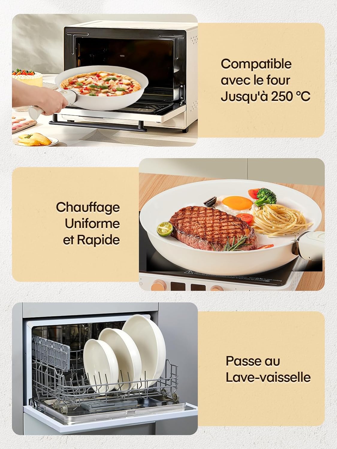 Thumbnail 6 de FOHERE lot de 3 poêles 20/24/28 cm avec poignée amovible (induction, céramique, passe au four)