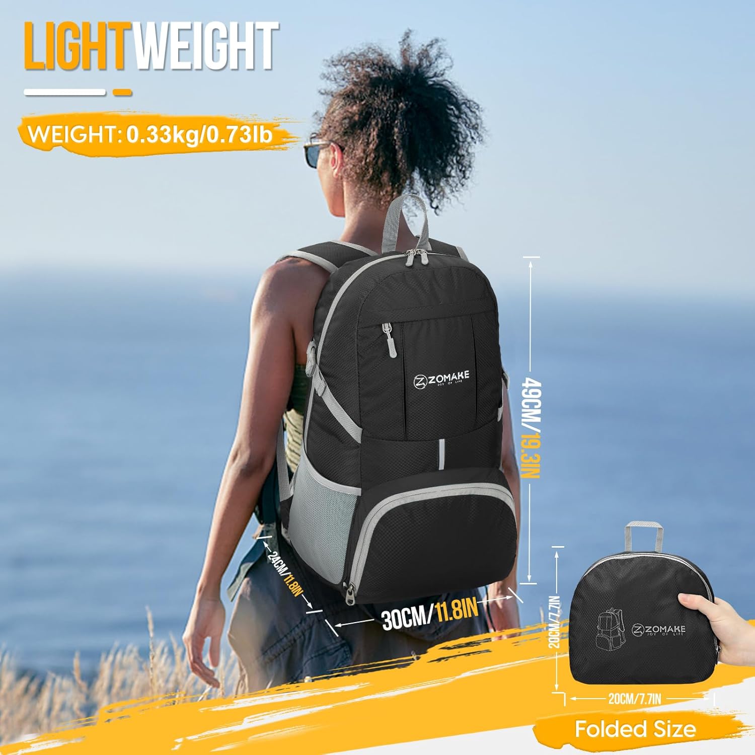 Detalle de ZOMAKE Lightweight Foldable Backpack 35L: Compact Travel Daypack for Everyday Adventures