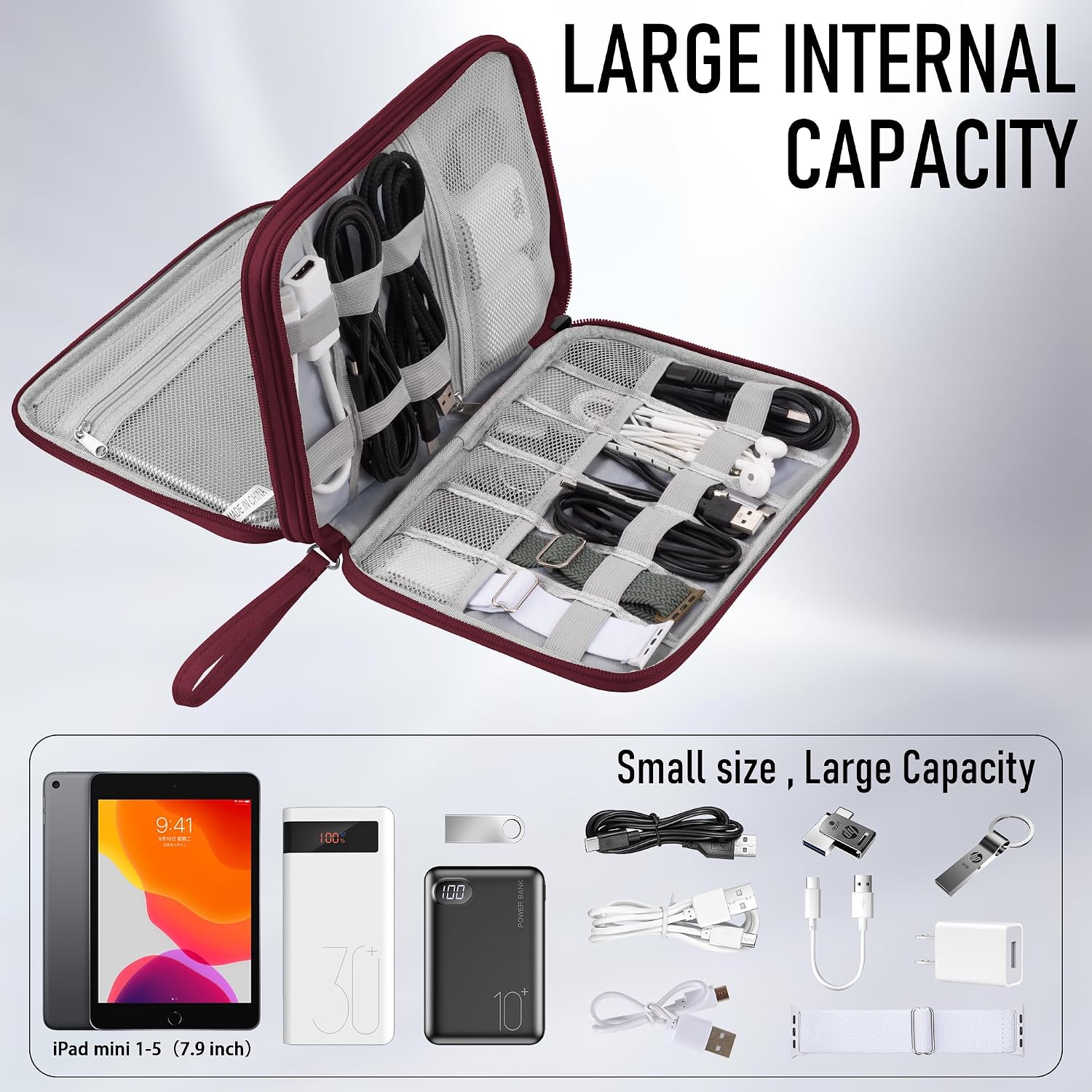 Detalle de Arae Electronic Accessories Organiser travel cable bag (Wine Red, Large) with double-layer storage