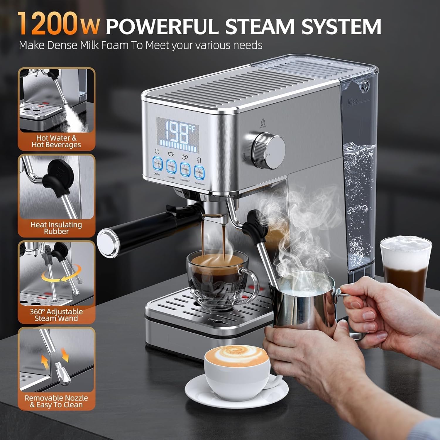 Detalle 1 de Parvusli EM626 Espresso Machine, 20-Bar Pump, Cold Brew Mode and PID Control