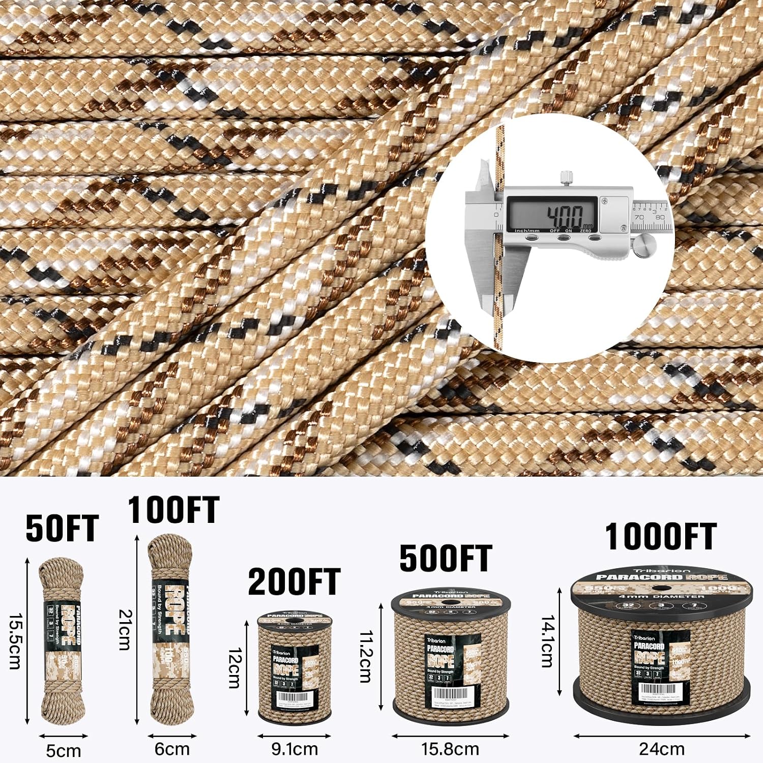 Detalle de Triberion 550lb-DesertCamo-1000ft Paracord Rope, 550 lb, 7-Strand