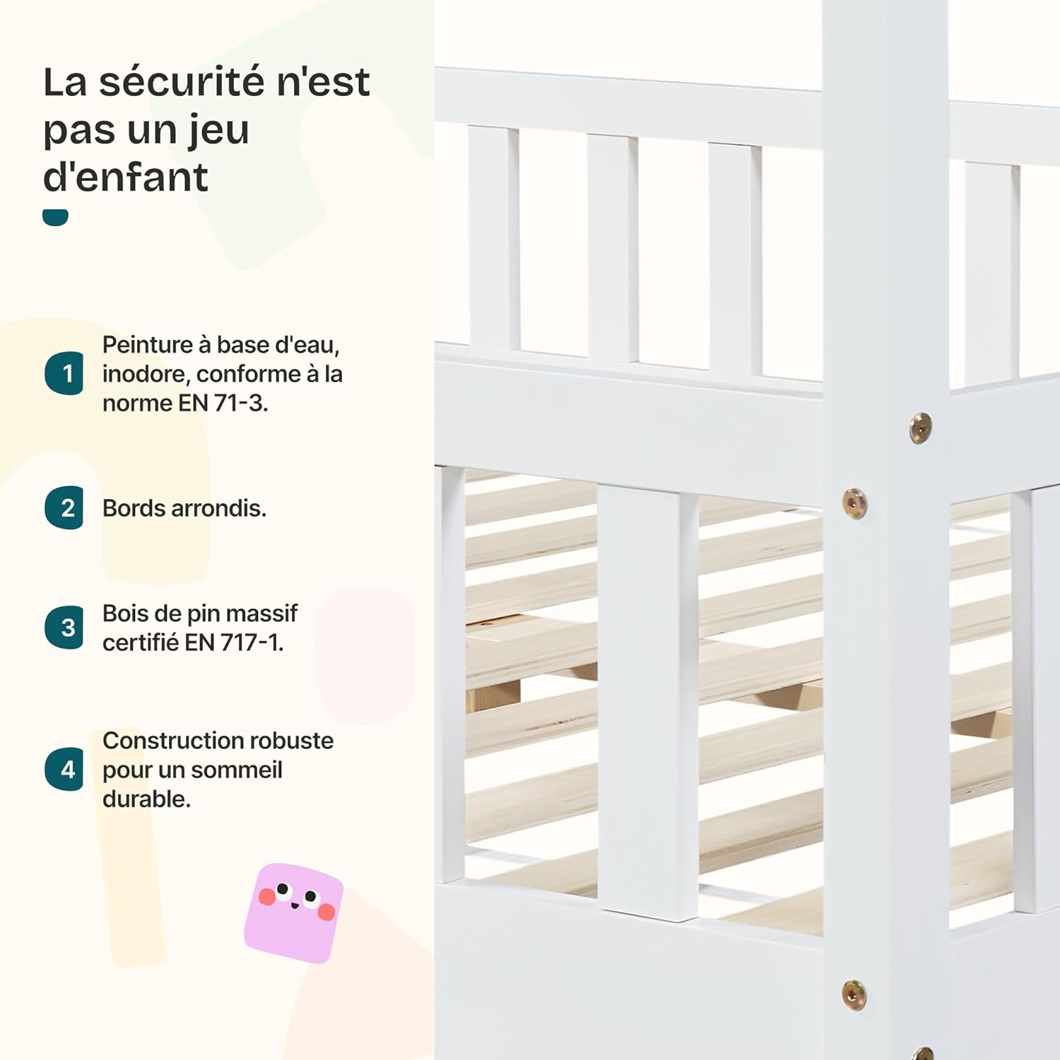Thumbnail 2 de [en.casa] Lit d'enfant Design en Forme Maison avec Grille de Protection – Pin massif et contreplaqué, 200 x 90 cm, Blanc Mat
