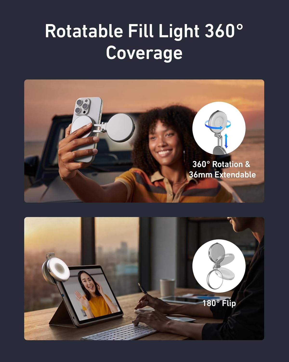 Thumbnail 2 de TELESIN C03 Lampe Selfie Magnétique – lumière pour smartphone avec miroir, CRI97 et éclairage 360°