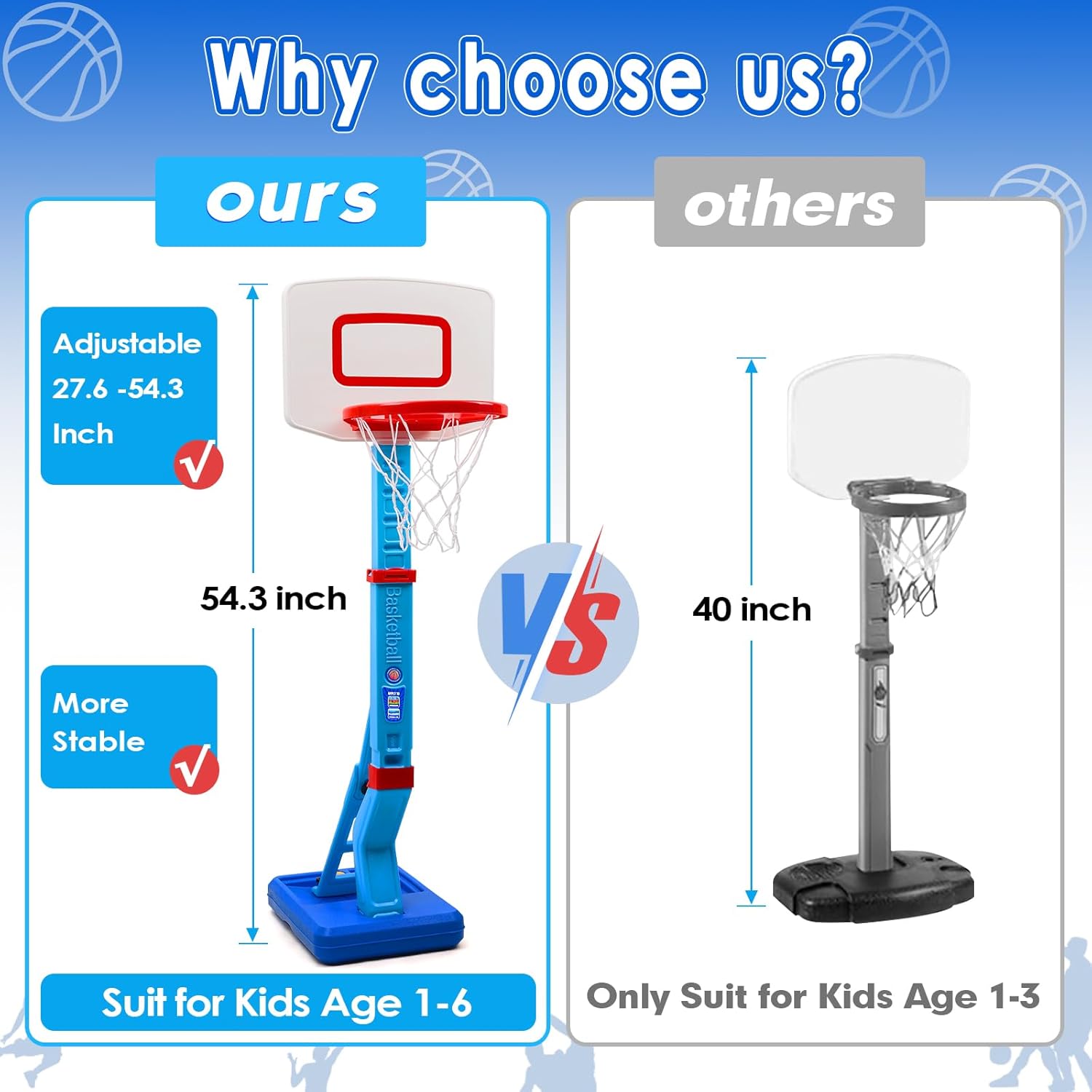 Thumbnail 4 de AOSPHYS Toddler Basketball Hoop (27.6–54 in) with 4 Inflatable Balls & Pump — Height-Adjustable Indoor/Outdoor