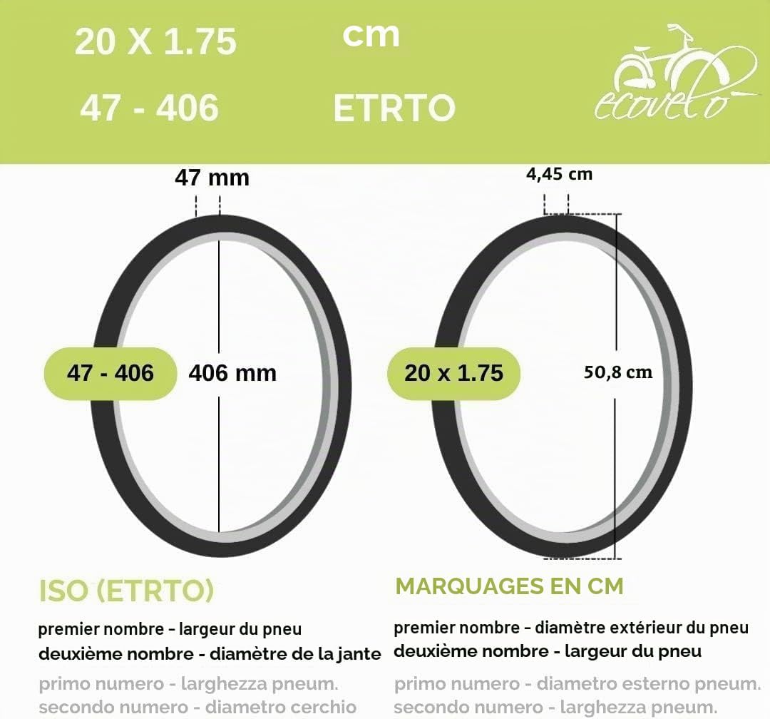 Thumbnail 1 de ECOVELO EBI20MAE: 2 pneus 20 x 1,75 (47-406) + chambres à air Schrader pour vélo 20 pouces, Noir