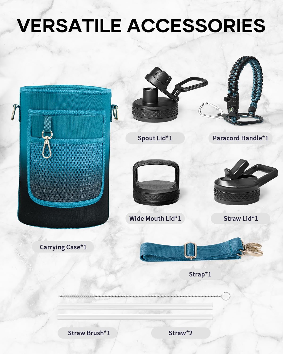 Thumbnail 6 de Trebo Insulated Water Bottle 2 L with Paracord Handle & Wide Mouth – Indigo Crush (3 lids)