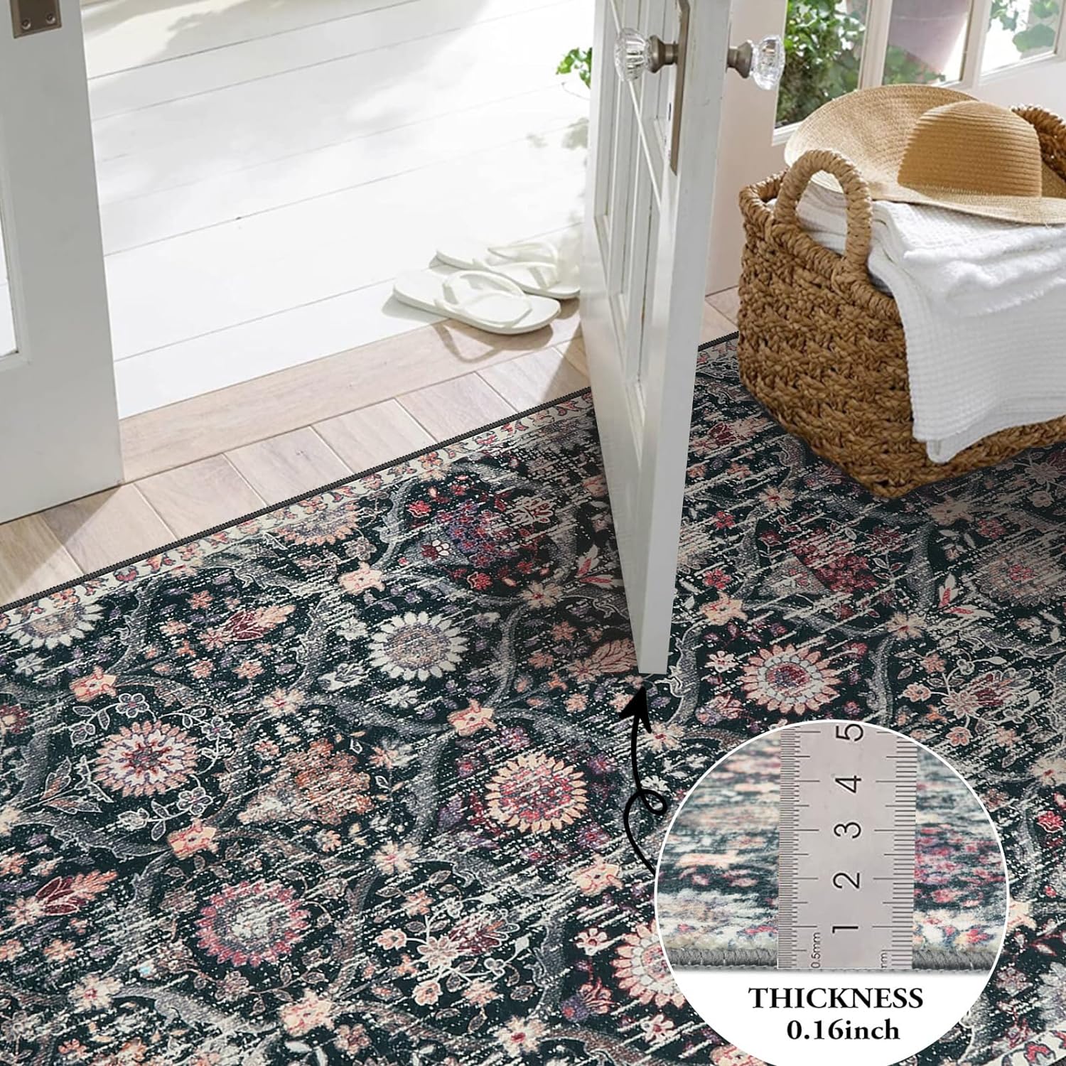 Detalle de Lahome Elise 2x4 Non-Slip, Washable Moroccan Trellis Rug (Black/Multi) for Entryway and More