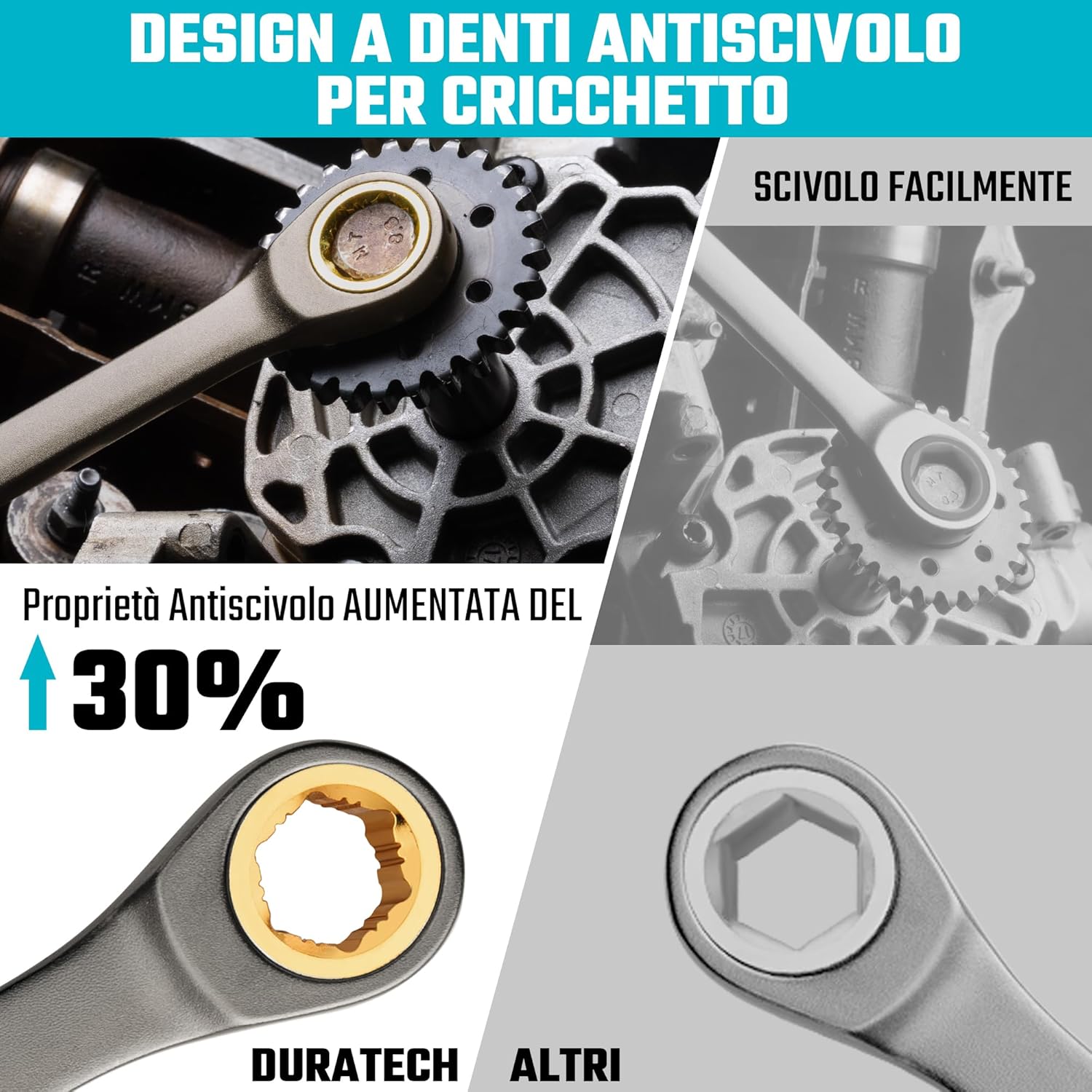 Detalle de DURATECH set di chiavi combinate a cricchetto antiscivolo 10 pezzi 6-18 mm (72 denti) in CR-V con custodia