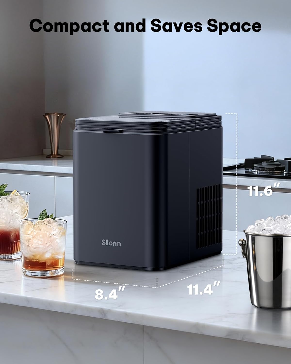 Thumbnail 6 de Silonn SLICM62B-0916 Countertop Ice Maker, 2 Sizes, Self-Cleaning, 26.5 lb/Day