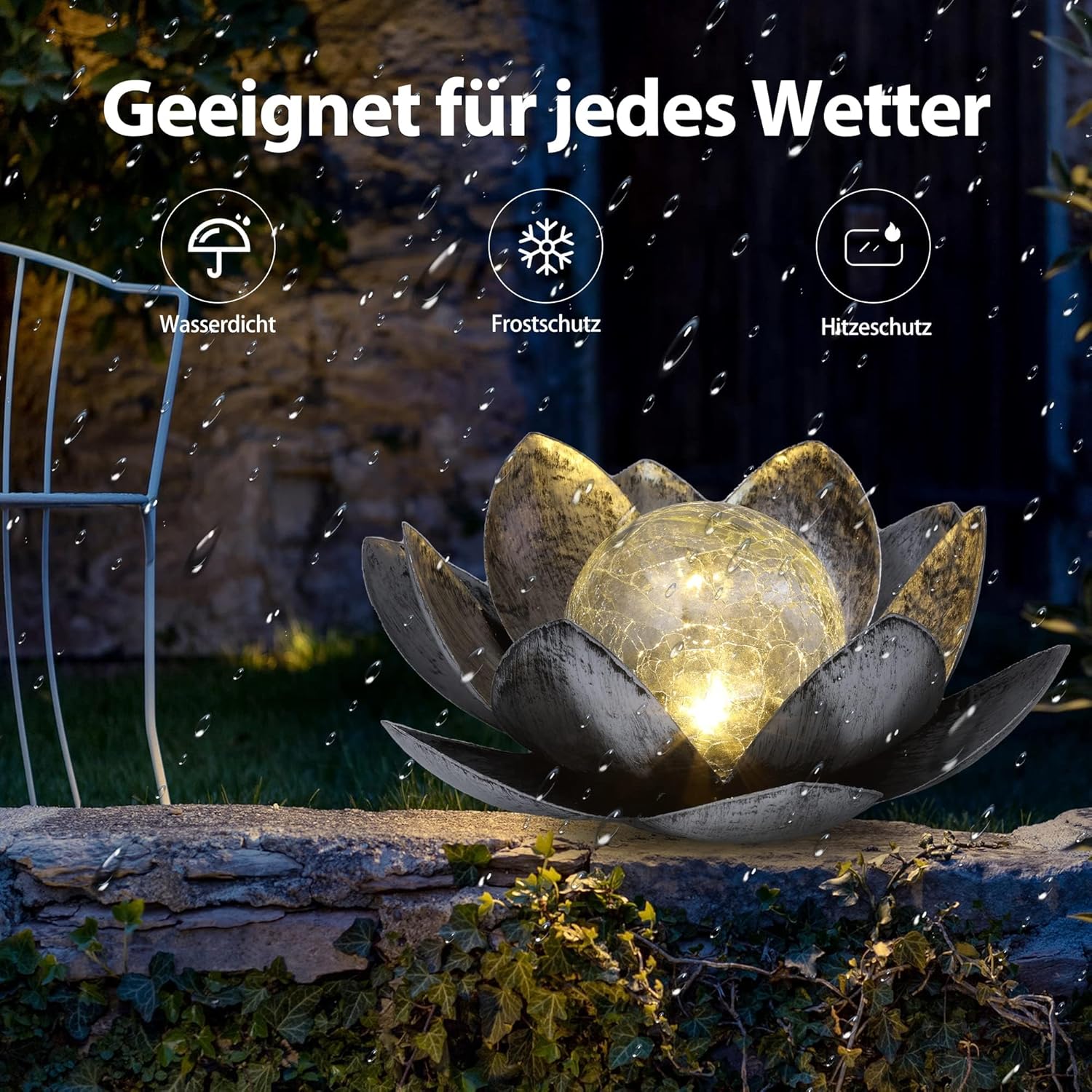 Thumbnail 3 de FLOWood Solar-Lampions Lotus für Außenbereich – Crack-Glas Kugel in Silber