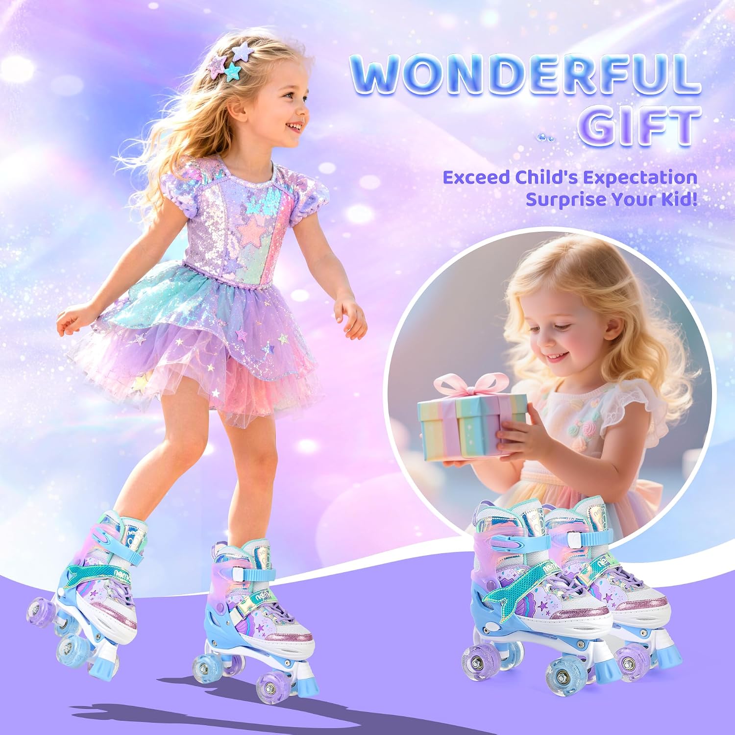 Detalle de NEMONE Mermaid 4 Size Adjustable Light Up Roller Skates for Girls