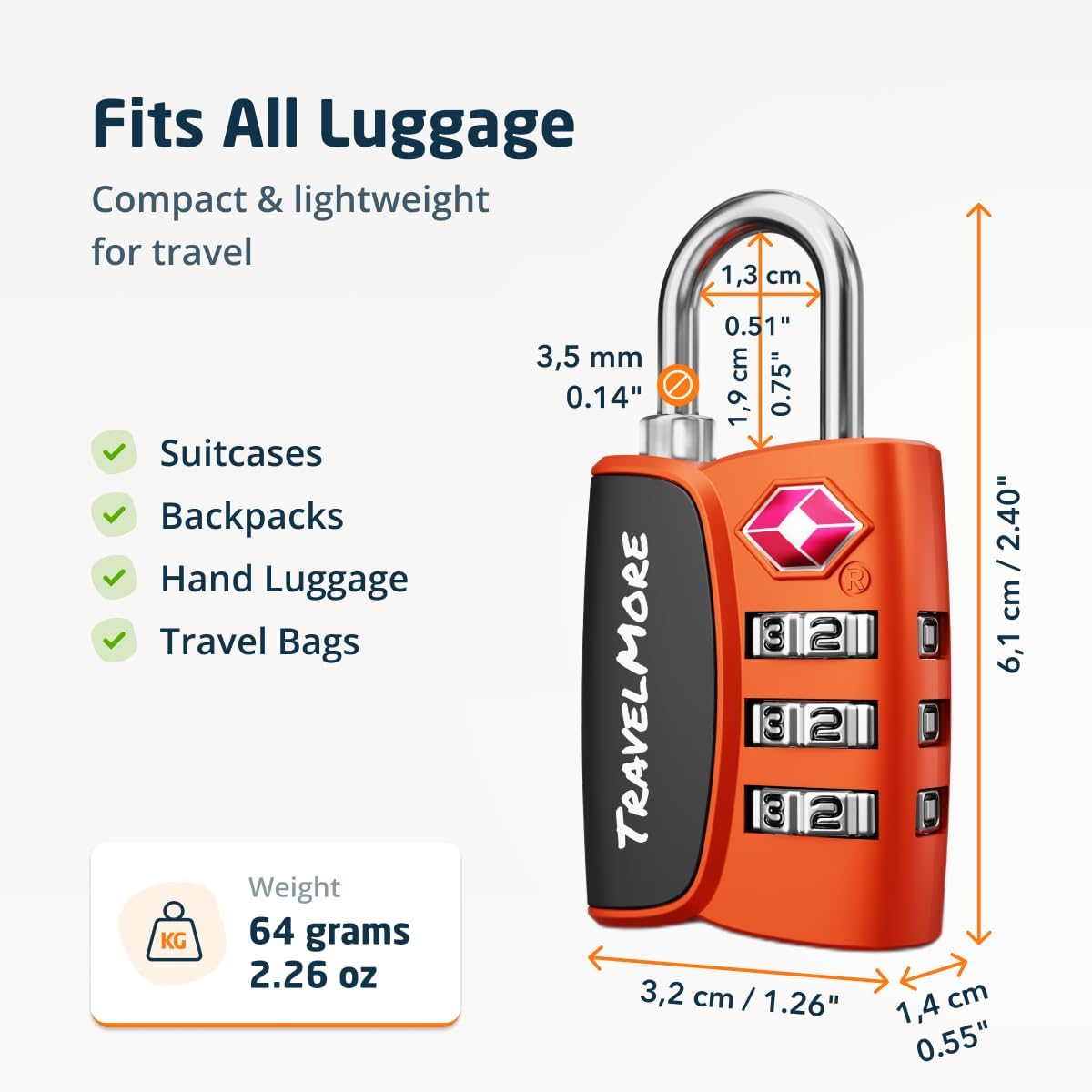 Detalle de 2-Pack TSA Approved 3-Digit Luggage Locks with Open Alert Indicator (Orange) for Travel