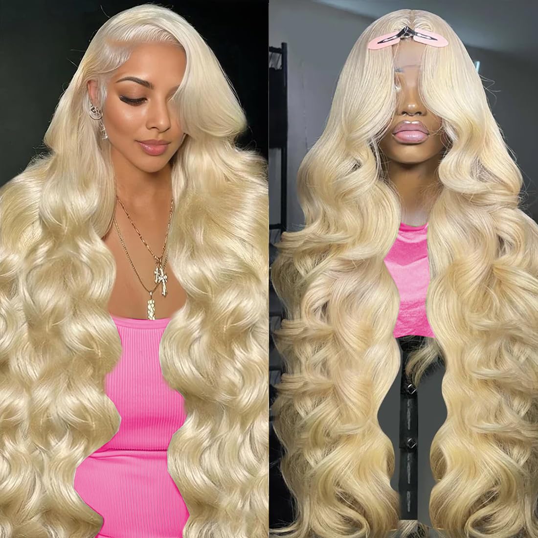 Detalle de Jewhaut 613 13x6 Lace Front Wig Human Hair 28 Inch Body Wave Blonde 613 HD Transparent Lace Frontal Wig