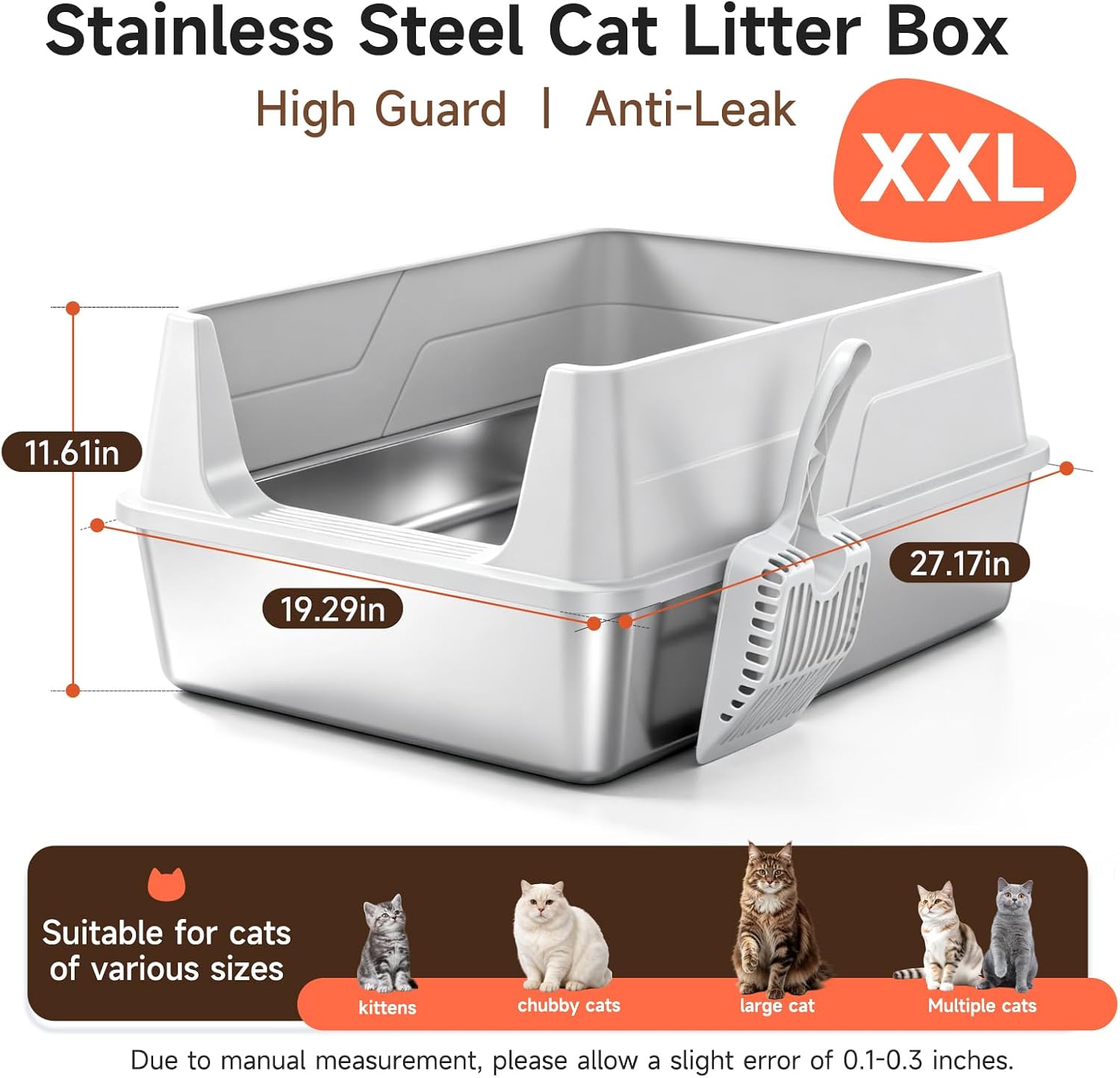 Detalle 2 de OneBug MSP-XC-W607-Grey XXL Stainless Steel Cat Litter Box with High Guard