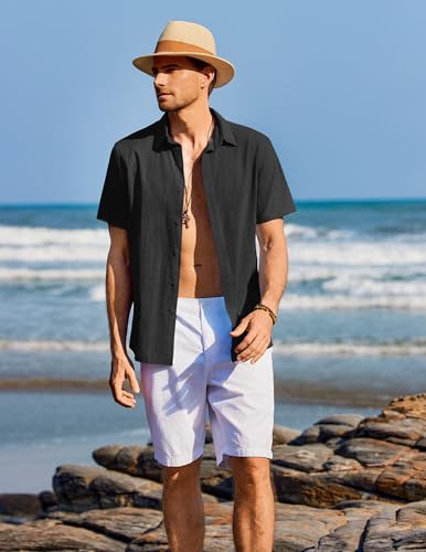 Detalle de COOFANDY Camisa Hombre Manga Corta Verano 100% Algodón – Negro, Regular Fit, Talla M
