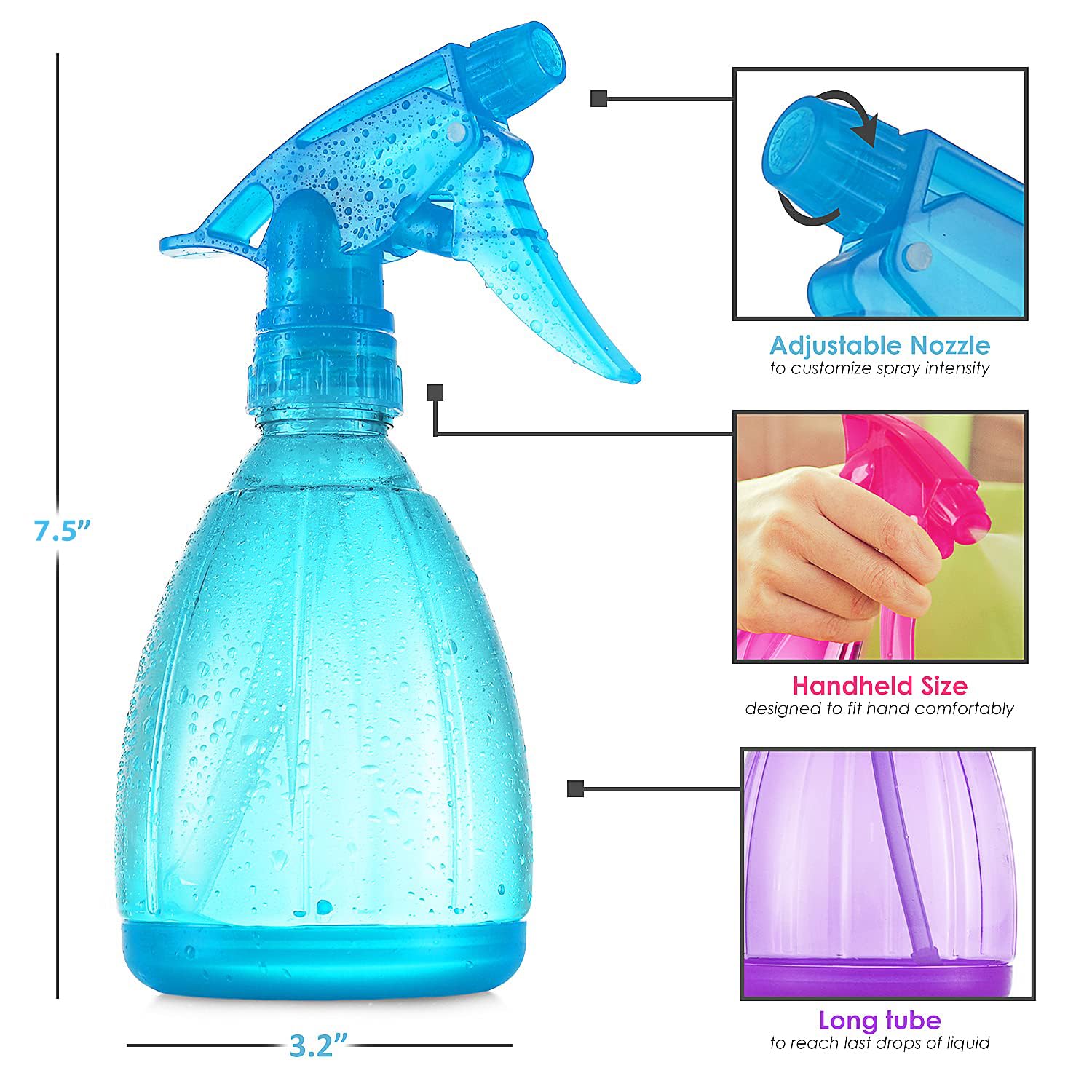 Thumbnail 1 de DilaBee 12oz Plastic Spray Bottles (3-Pack) with Adjustable Nozzle for Hair, Gardening, Cleaning, and More